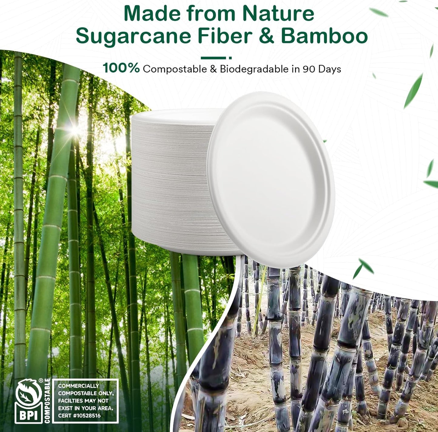 ๐๐ ๐๐ง๐๐ก, ๐๐๐-๐๐๐๐ค Compostable Paper Plates, Heavy-Duty Biodegradable Disposable Dish Made from Bagasse, Perfeck for Snacks, Desserts, Party, Wedding and More (White)