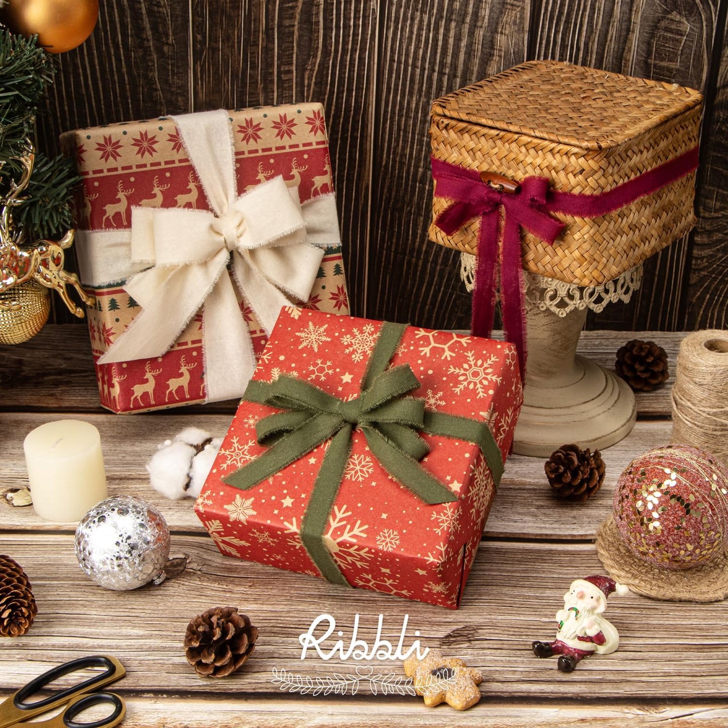 Ribbli 3 Rolls Christmas Ribbon 5/8 Inch x 18 Yards Ivory Burgundy Moss Handmade Cotton Frayed Fringe Ribbons for Gift Wrapping Wedding Invites Bridal Bouquets DIY Crafts Christmas Home Decor