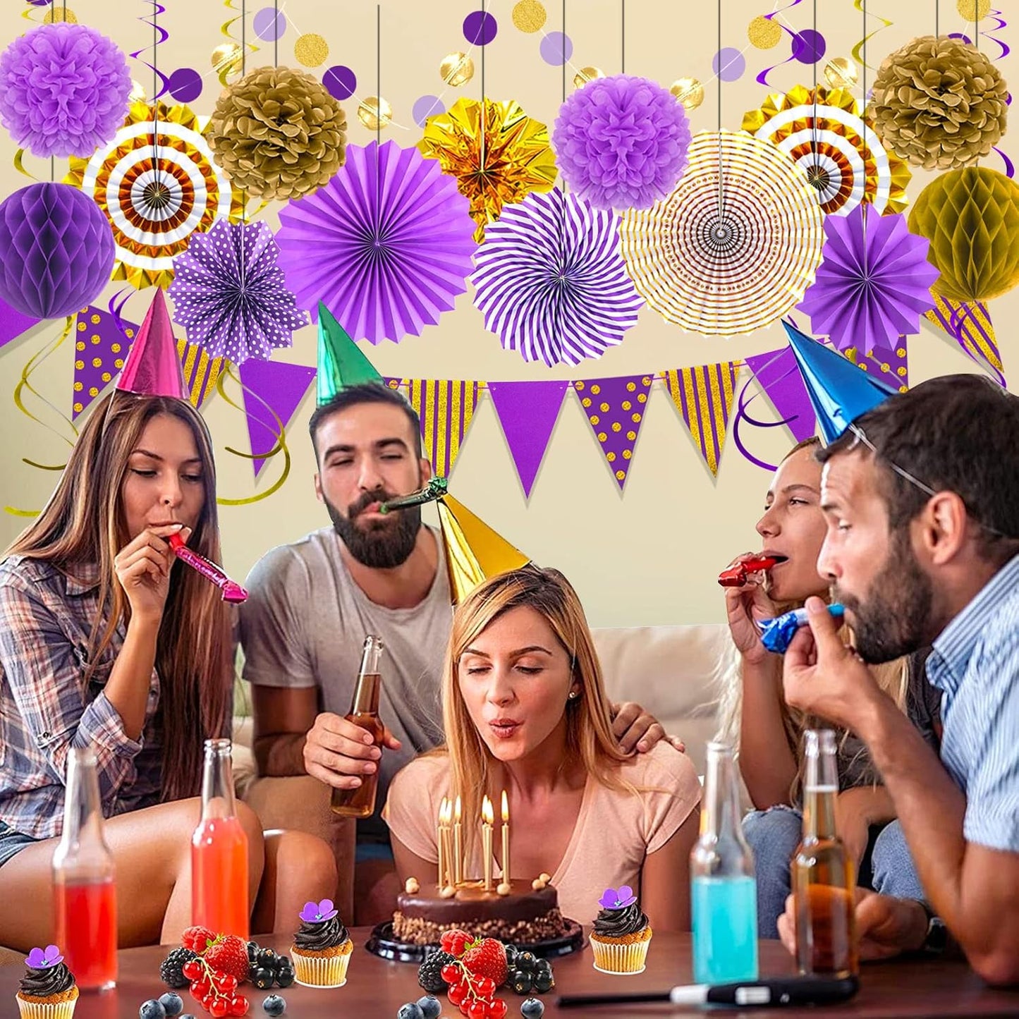 Purple Gold Party Decorations Paper Fans, Graduation Season Hanging Glitter Triangle Flags Banner Hanging Paper Fan Happy Birthday Banners and Triangular Flag, Bridal Shower,Purple Themed Birthday