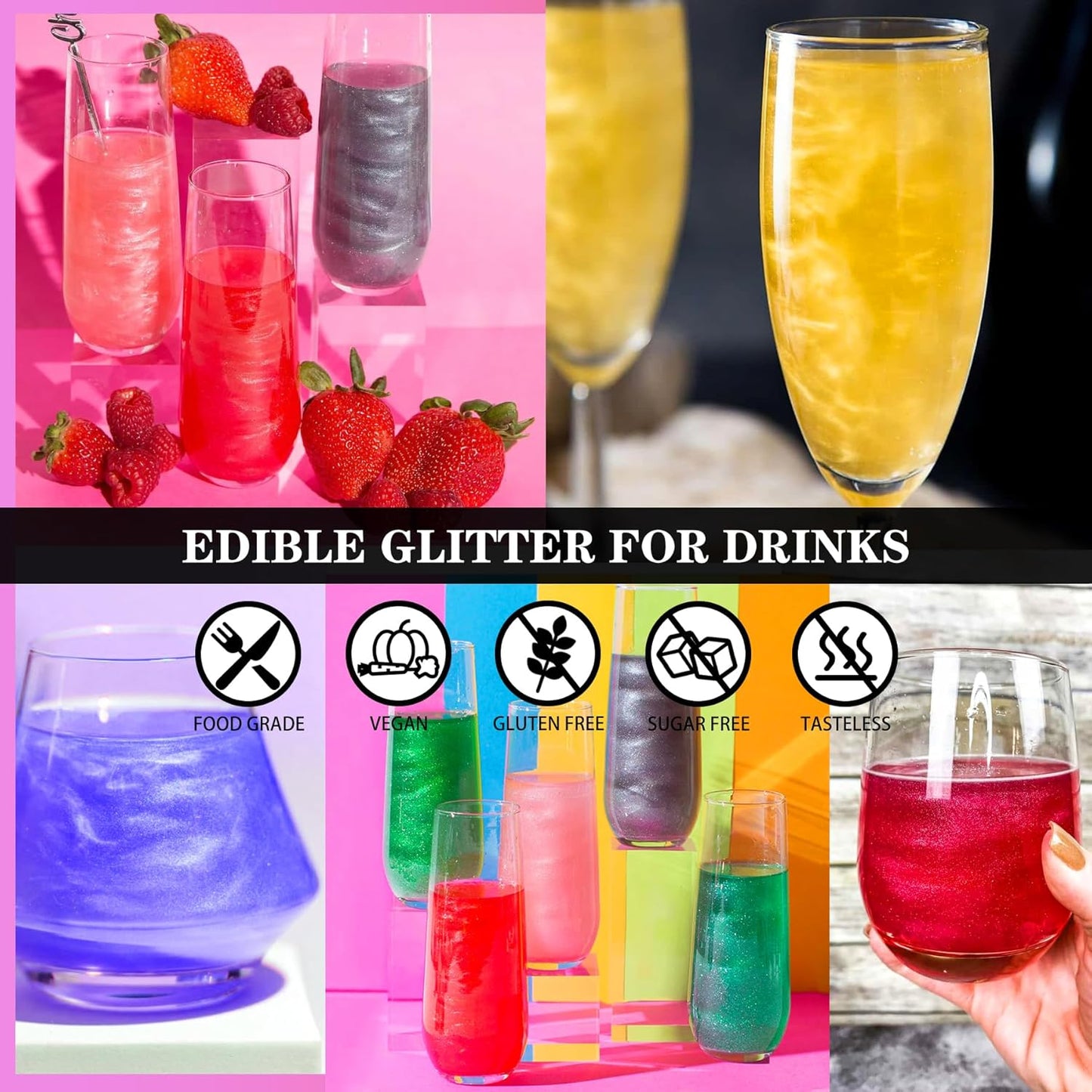 Edible Glitter - 4 Colors 5g / Bottles Luster Dust Edible Glimmer Powder for Sparkling Drinks, Foods, Wine, Cake, Beverage - Food Grade Shimmer Dust Powder for Cocktails, Baking, Halloween Decoration