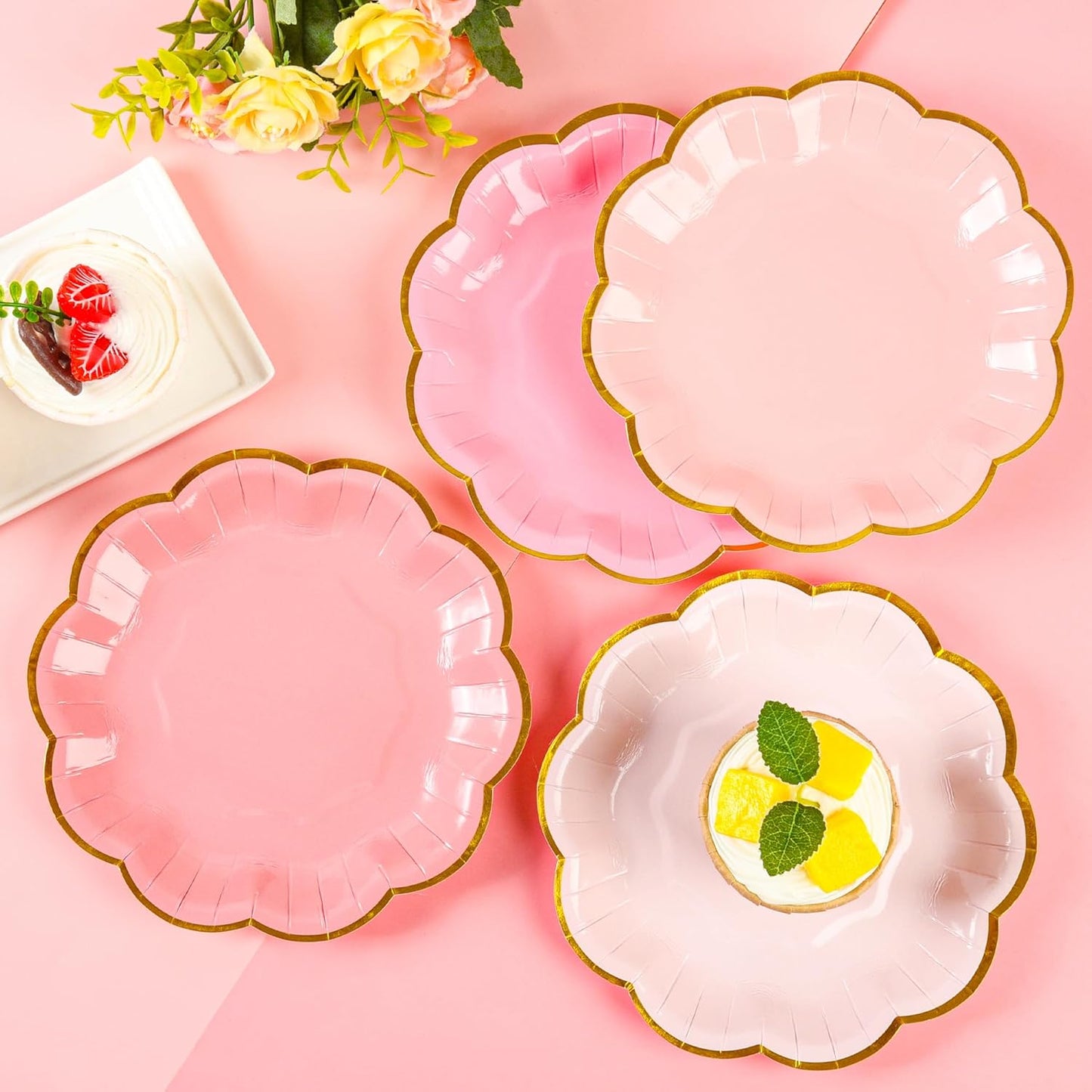 Pink Party Plates Gradient Pink Dessert Paper Plates 7inch Gold Foil Scalloped Edge Disposable Cake Plates for Tea Party Birthday Bridal Baby Shower Wedding Party Supplies (24)