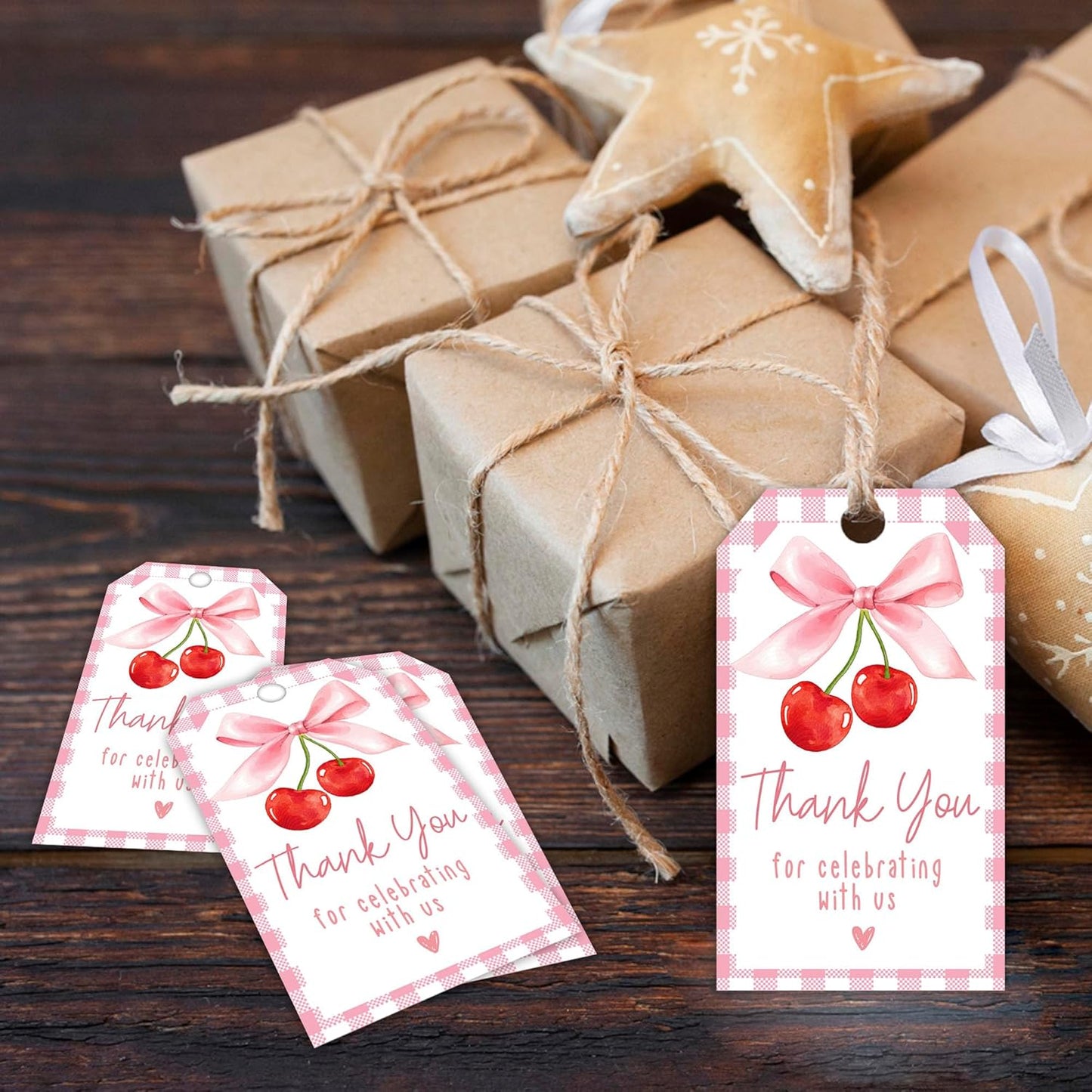 Cherry Gift Tags, 2x3.5 Inch Pink Bow Gift Tags, 50Pcs Thank You for Celebrating with Us Label, Paper Personalized Design Labels for Wrapping Party Favor-A12