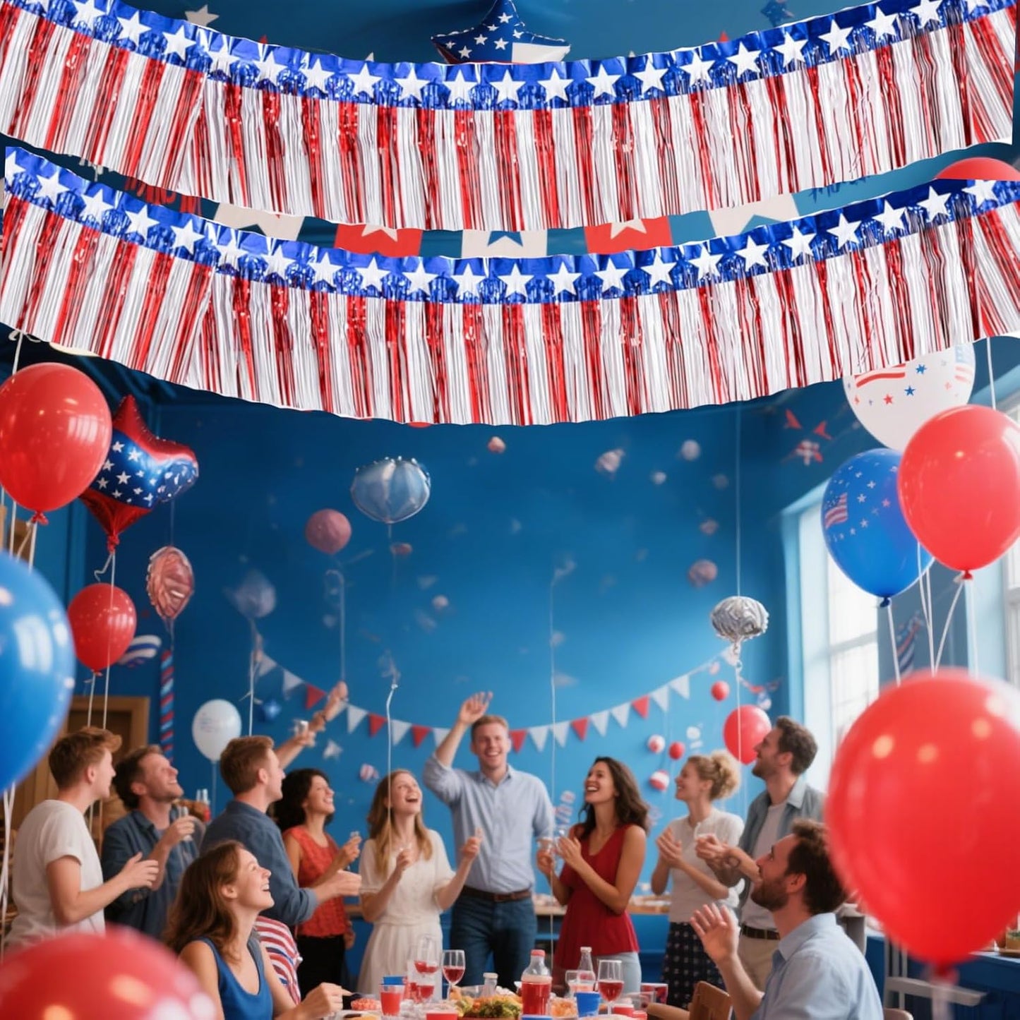 6 Pack 6.6 Feet Red Blue White Foil Fringe Garland Streamers,Red White Blue Star Metallic Hanging Backdrop Banner Table Skirts for 4th of July Decorations Memorial Day Patriotic Party Parade Floats
