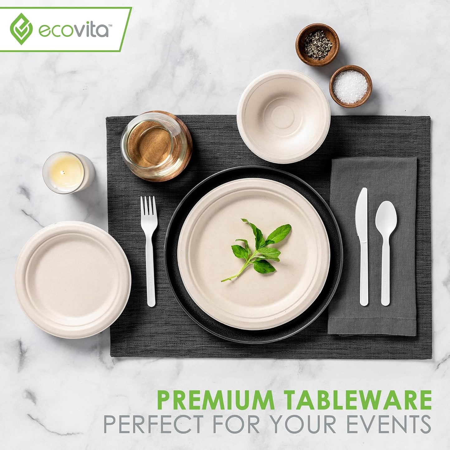 Ecovita 100% Compostable Forks Spoons Knives Cutlery Combo Set - 380 Large Disposable Utensils (7 in.) Eco Friendly Durable and Heat Resistant Alternative to Plastic Silverware with Convenient Tray