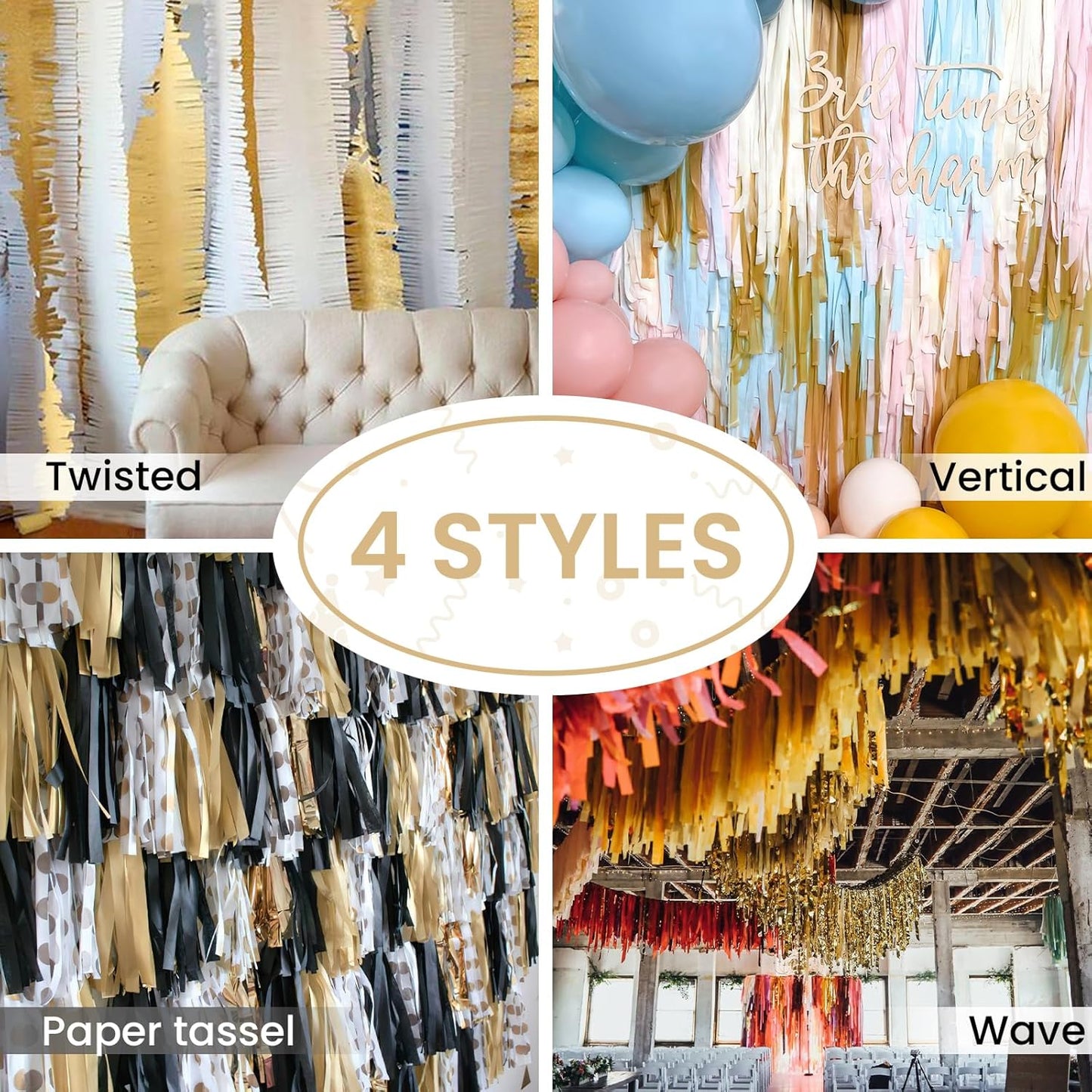 PartyWoo Crepe Paper Streamers 4 Rolls 328ft, Pack of Crepe Paper Pearl Gold Party Streamers, Crepe Paper for Birthday Decorations, Party Decorations, Baby Shower Decorations (1.8 in x 82 Ft/Roll)