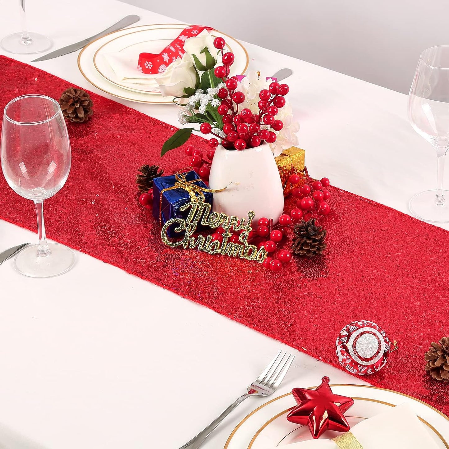 Red Table Runners 10 Packs 12x108 Inch Glitter Sequin Table Runners for Birthday Party Bridal Shower Banquet Wedding Table Decorations