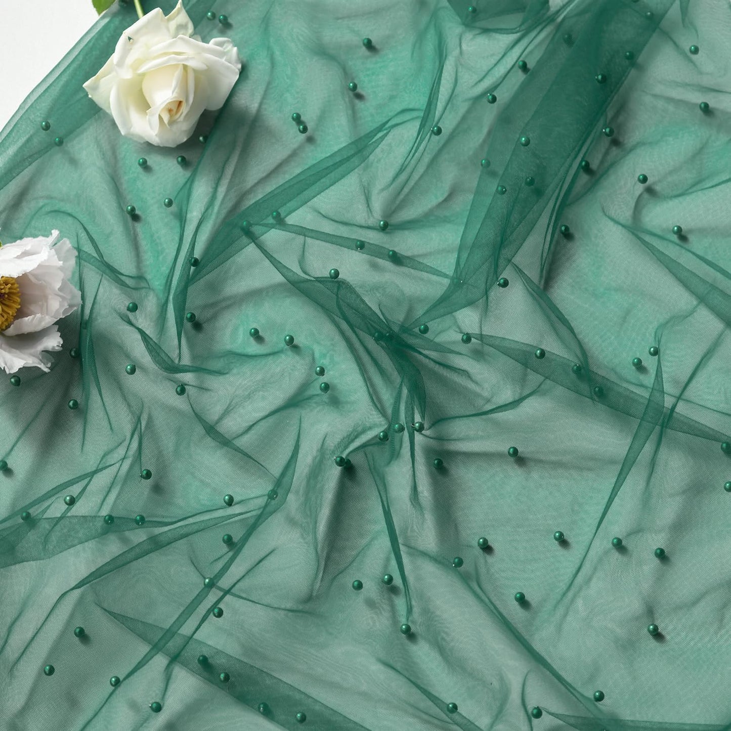 Artoid Mode Pearl Dark Green Gauze Table Runner 120 Inch 10FT, Seasonal Sheer Dining Holiday Wedding Birthday Baby Shower Table Decor for Home Party