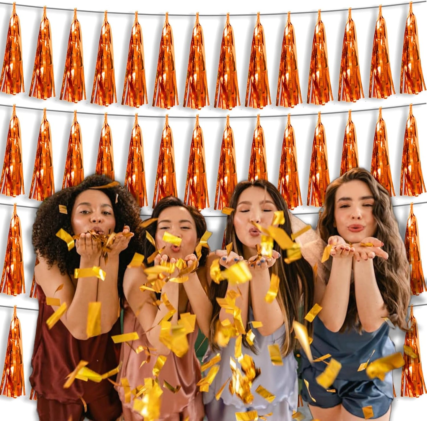 4P Metallic Fringe Tassel Banner Garland Foil Tinsel Streamer Wall Hanging Curtain Backdrop Banner for Parade Floats, Halloween Decorations, Christmas Day, Fall, Thanksgiving Party Decoration(Orange)