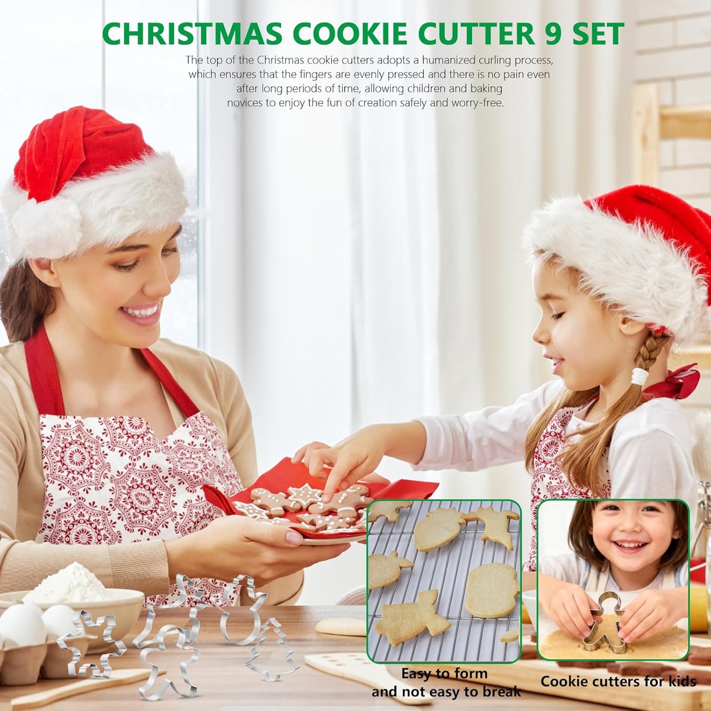 Christmas Cookie Cutters Set- 9 Piece Stainless Steel Winter Holiday Metal Shapes-Christmas tree, Snowman, Candy Cane, Bells, Snowflakes, Gingerbread Man, Reindeer, Socks,Santa Face Shapes