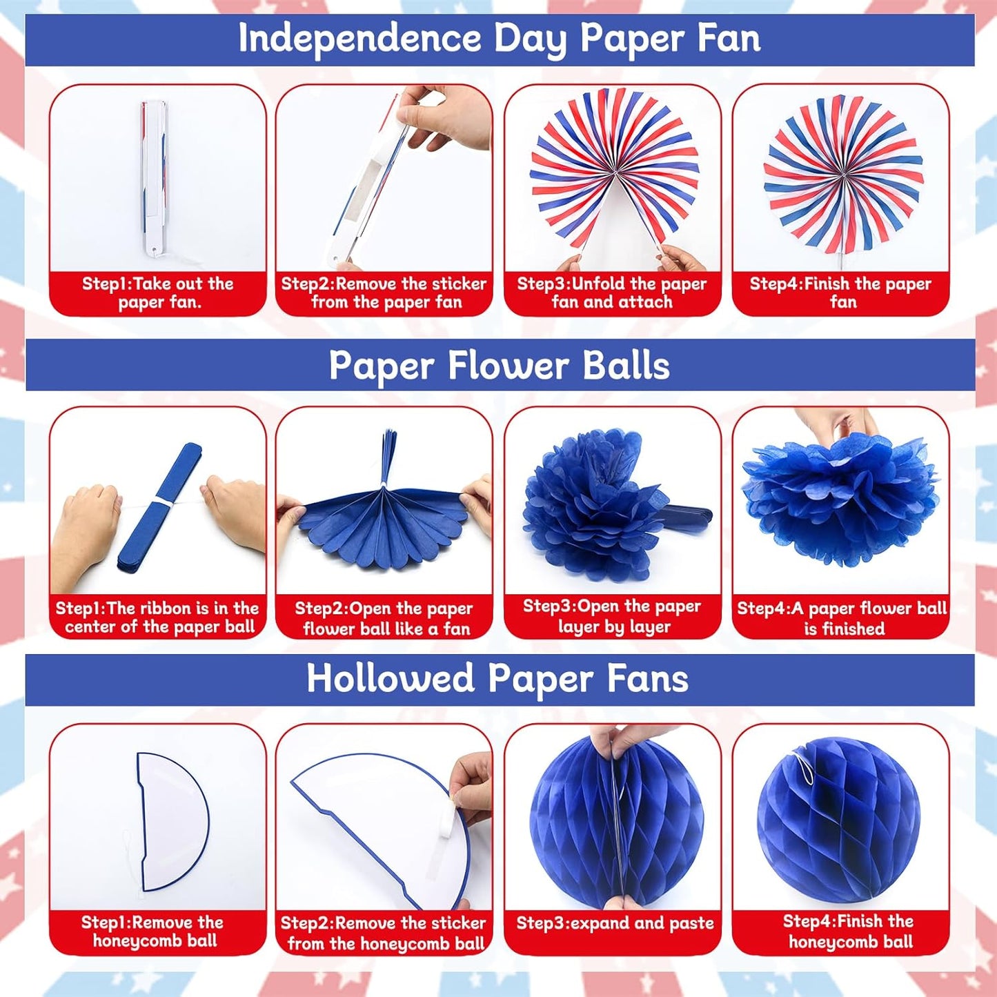 24PCS Patriotic Decorations 4th of July Decorations Set Red White Blue Hanging Paper Fans USA Flag Pennant Pom Poms Hanging Swirls Party Supplies for Memorial Day Independence Veterans
