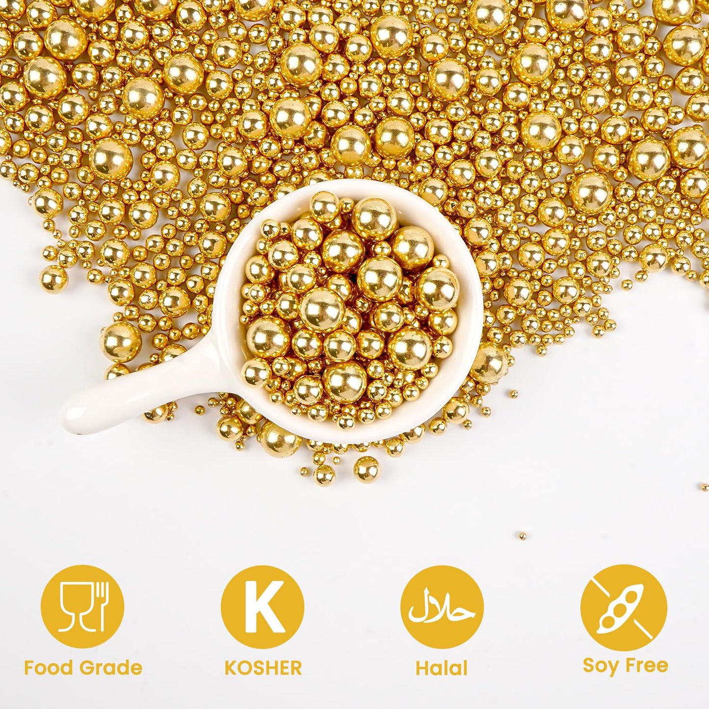 Gold Pearl Sprinkles, Edible Sugar Pearl, Bright Sprinkles 180g/6.35oz, Gold Pearls for Cake Decorating, Edible Cake Decorations, Cupake Toppers, Wedding Party Supplies