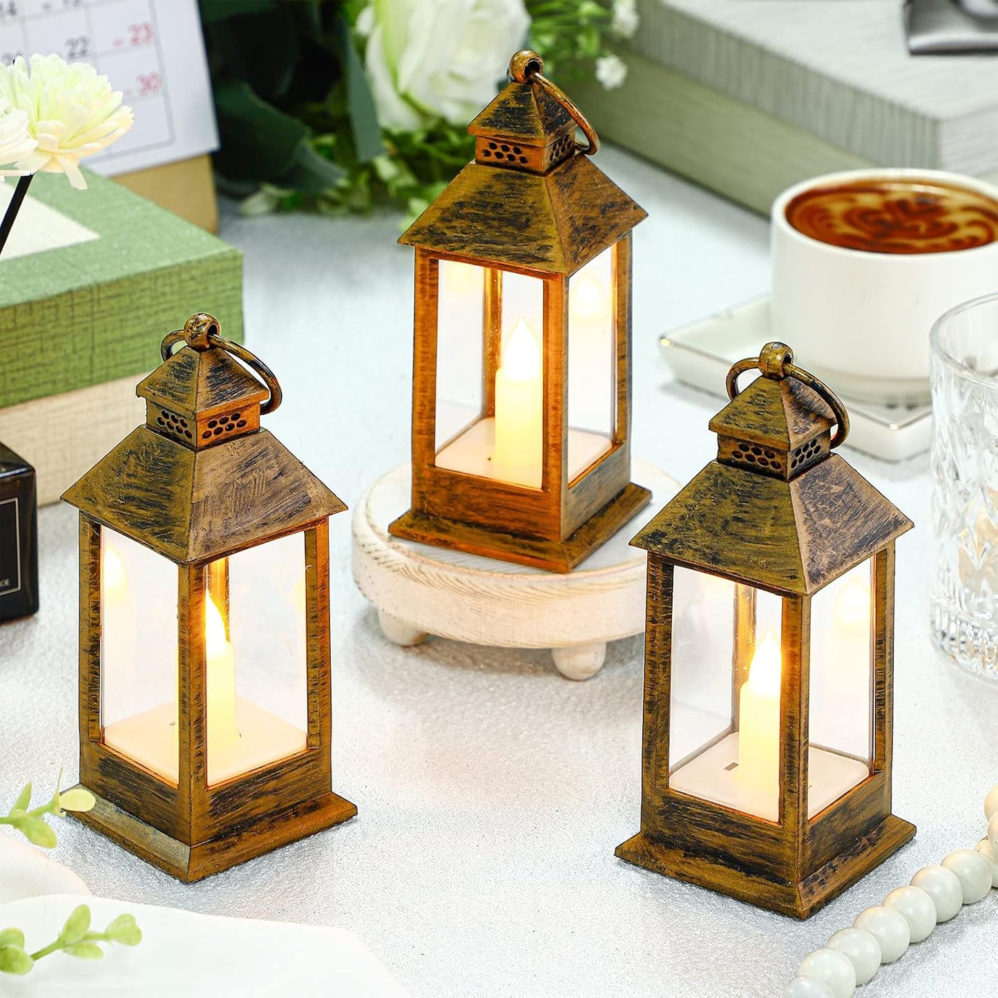 Hoolerry 24 Set Halloween Mini Lanterns with LED Candles 5.5'' Decorative Hanging Small Vintage Lantern Centerpiece Battery Powered for Wedding Table(Bronze)