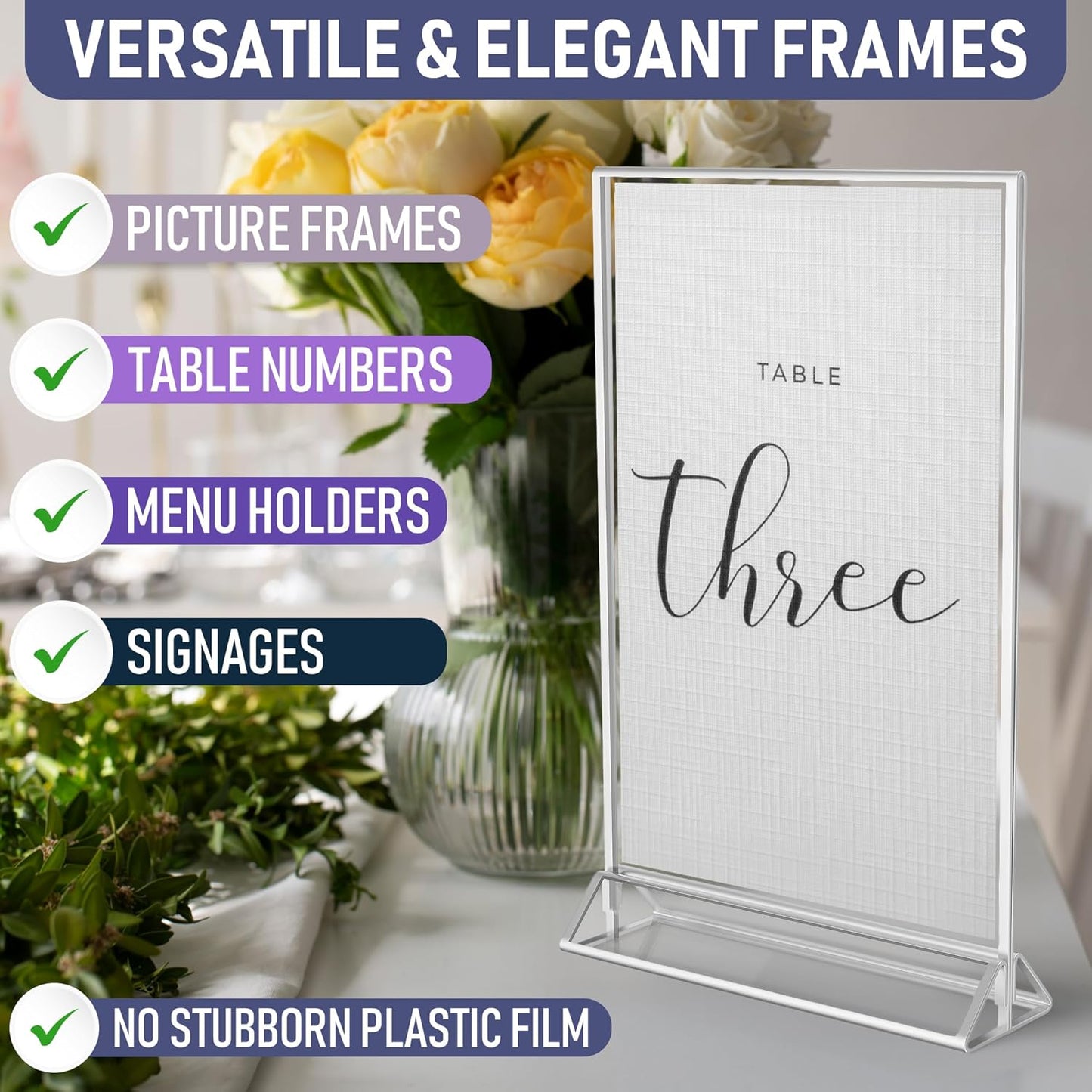Silver Picture Frames Double-Sided, 6-Pack 5x7 Acrylic Table Number Holders, Clear Easel Stands for Signs, Silver Frames for Wedding Table Numbers, Menu Holders, Photo Displays for Events and Décor