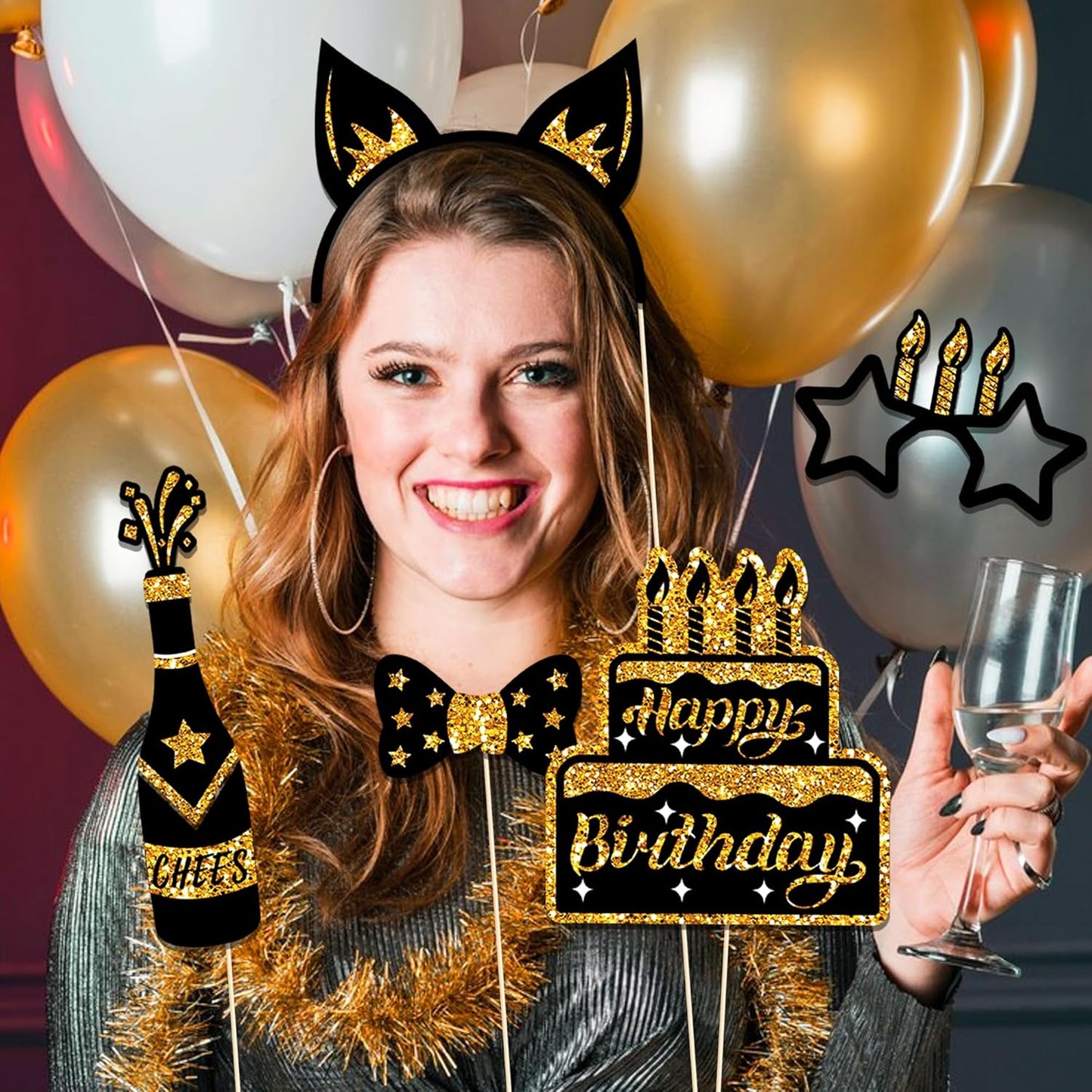 36 PCS Birthday Photo Booth Props Party Supplies Holiday Picture Decorations Photo Booth Props for Birthday Party Favors Pose Sign Kit Fun for Party (Black and Gold)