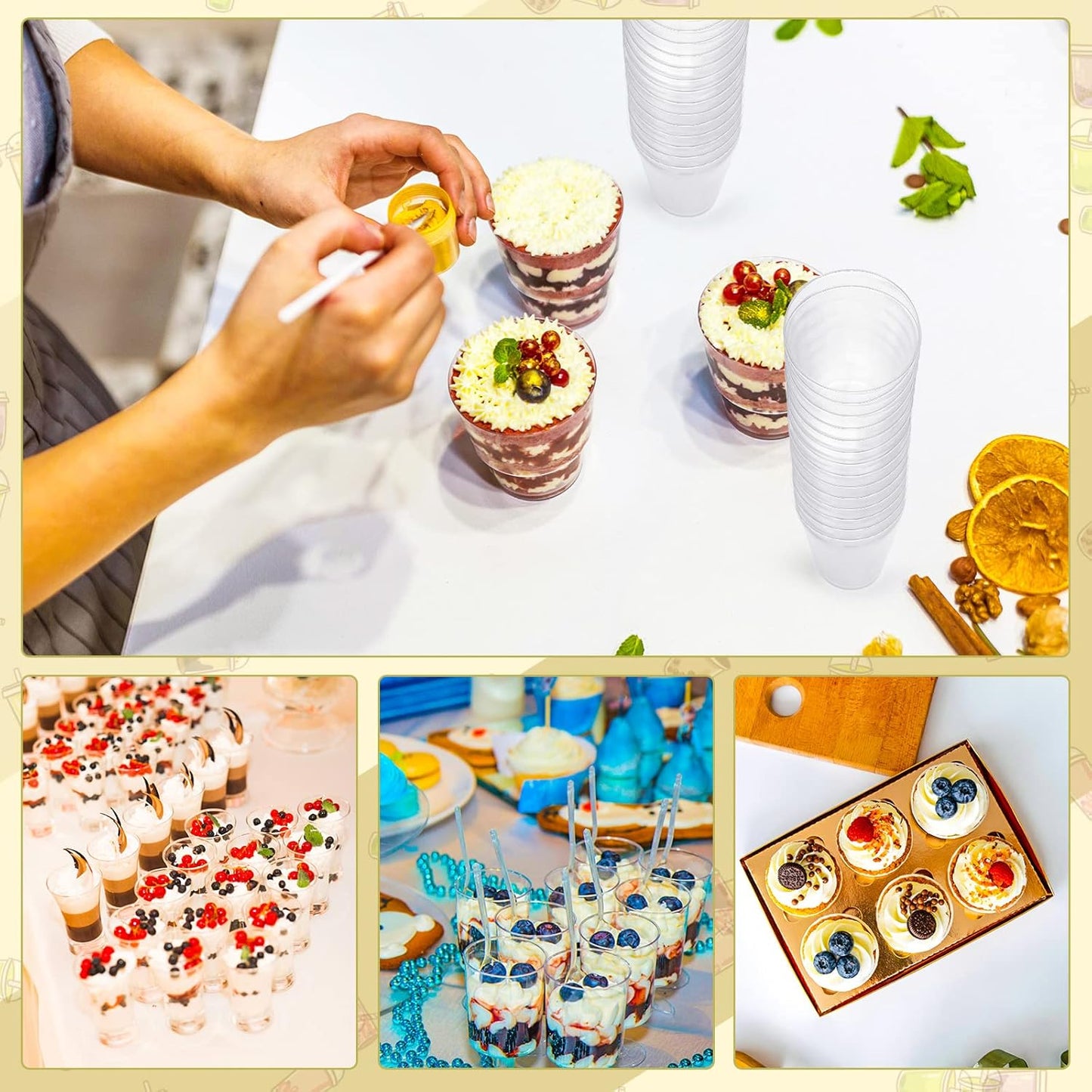 CHENGU 3 Oz Dessert Cups with Spoons Mini Shooter Cups Small Round Tableware for Parfait Appetizer Pudding Tasting for Event Festival Birthday Party Supplies(150 Pieces)