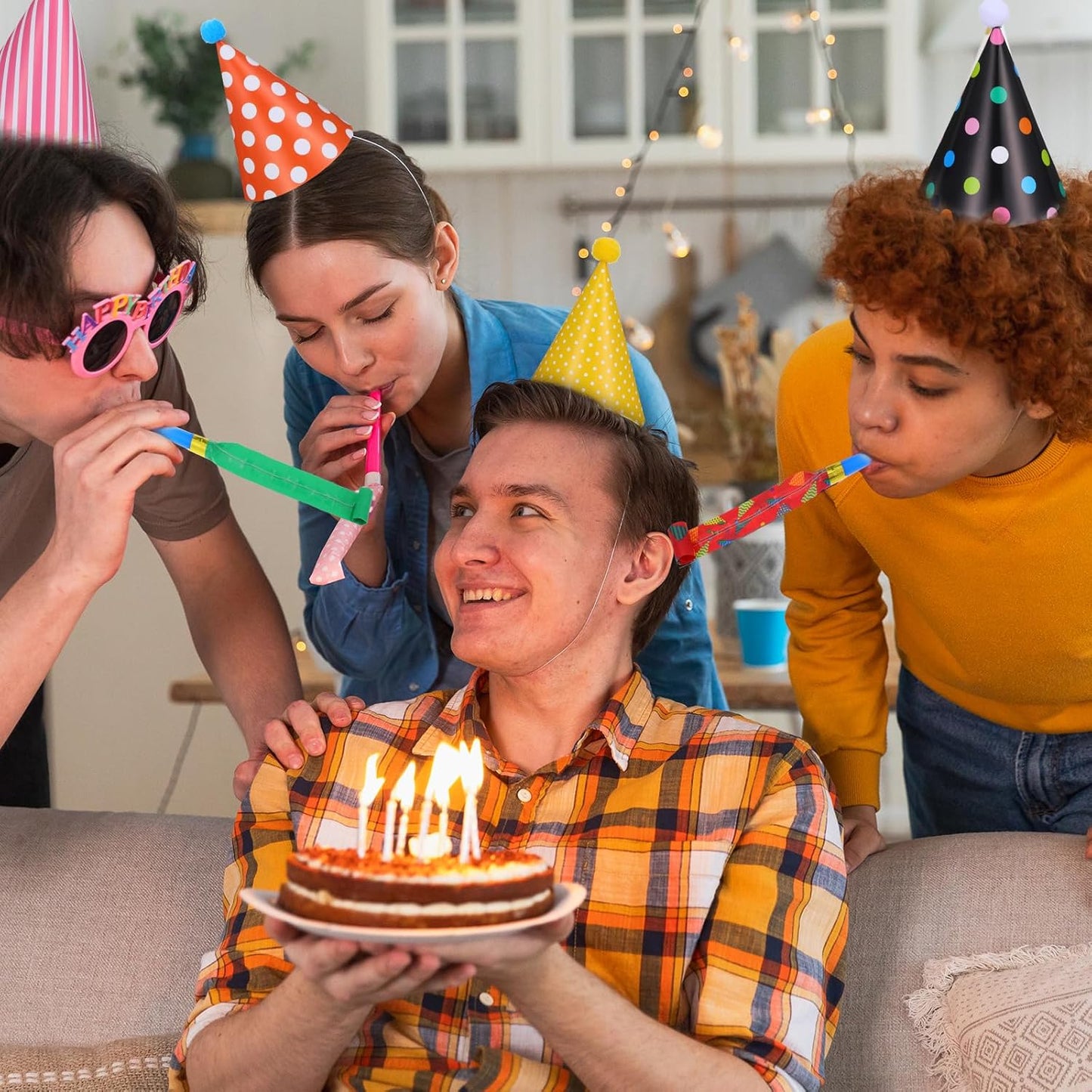 117 Pcs Birthday Party Cone Hats Muti-Color Birthday Cone Headwear Kids Cute Party Hat with Dragon Tassel Noise Makers Whistles Pom Poms Elastic Cord for Kids Baby Shower Costumes Supplies