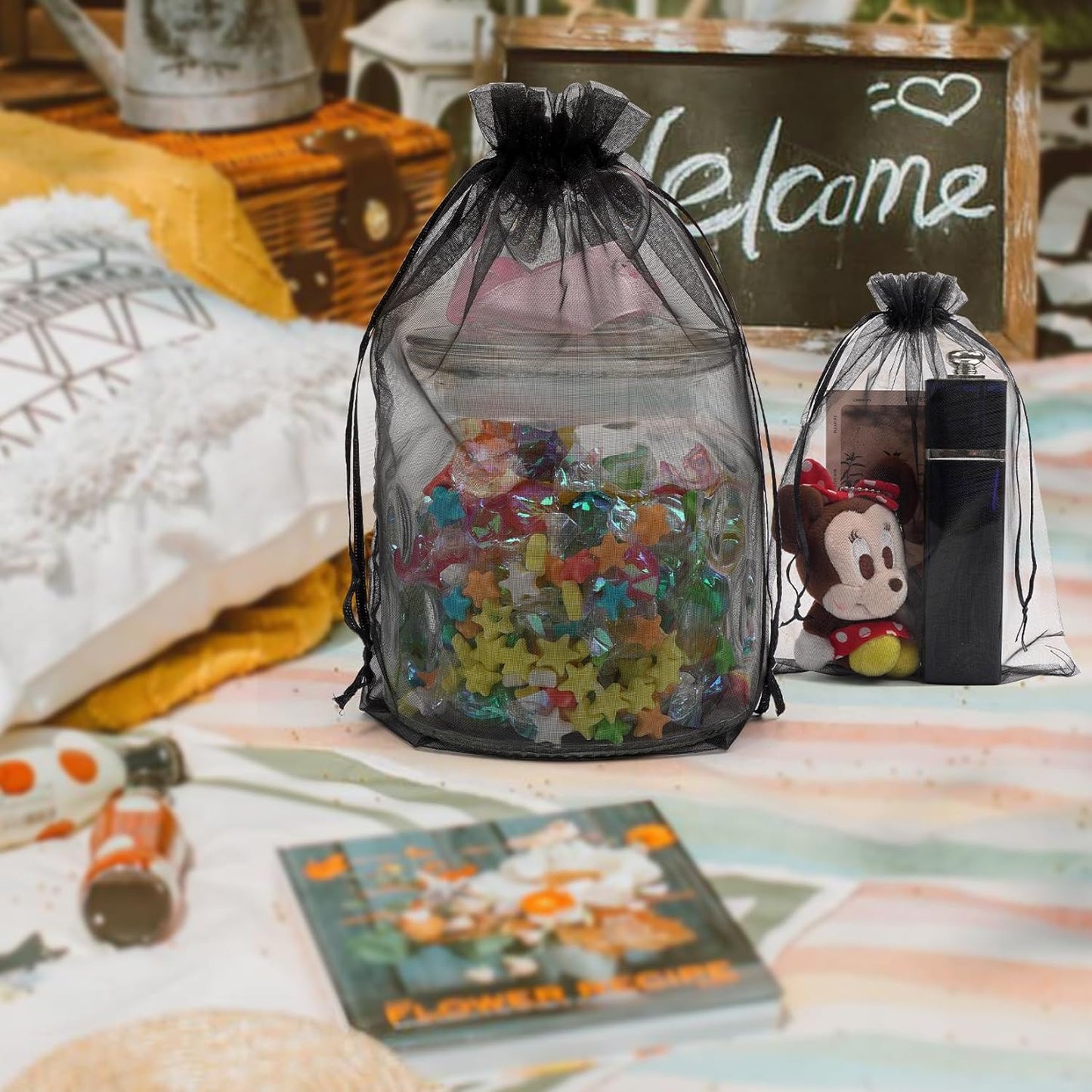 ANZNKU 50 Pack Organza Bags 6x9 inches, Gift Bag Mesh Drawstring Bags for Gifts Large Organza Bag Drawstring for Halloween Wedding Party Favor Christmas(Black)