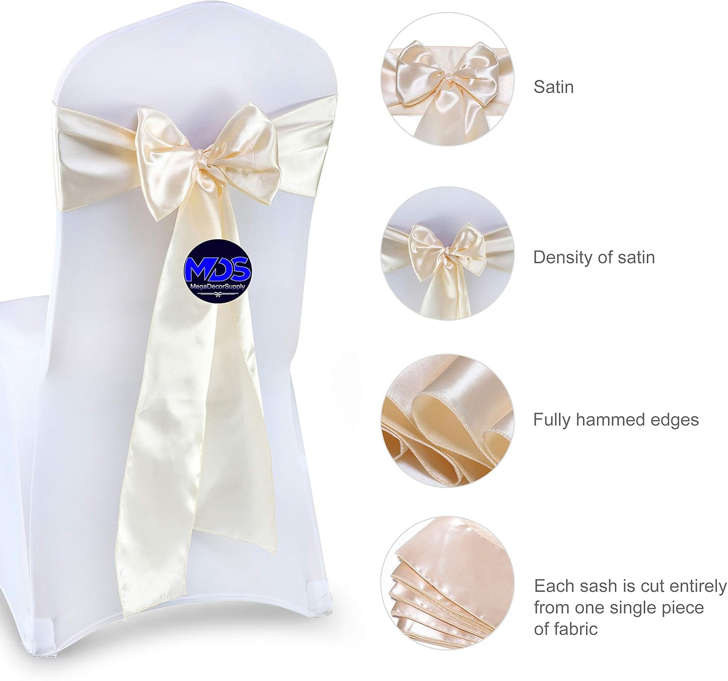 MDS Pack of 300 PCS Satin Chair Sashes Charmeuse Sateen Dining Chair Bows Ribbon Ties Back Sash for Wedding Party Birthday Home Hotel Restaurant Banquet Decoration (7 x 108 Inch, Cream)