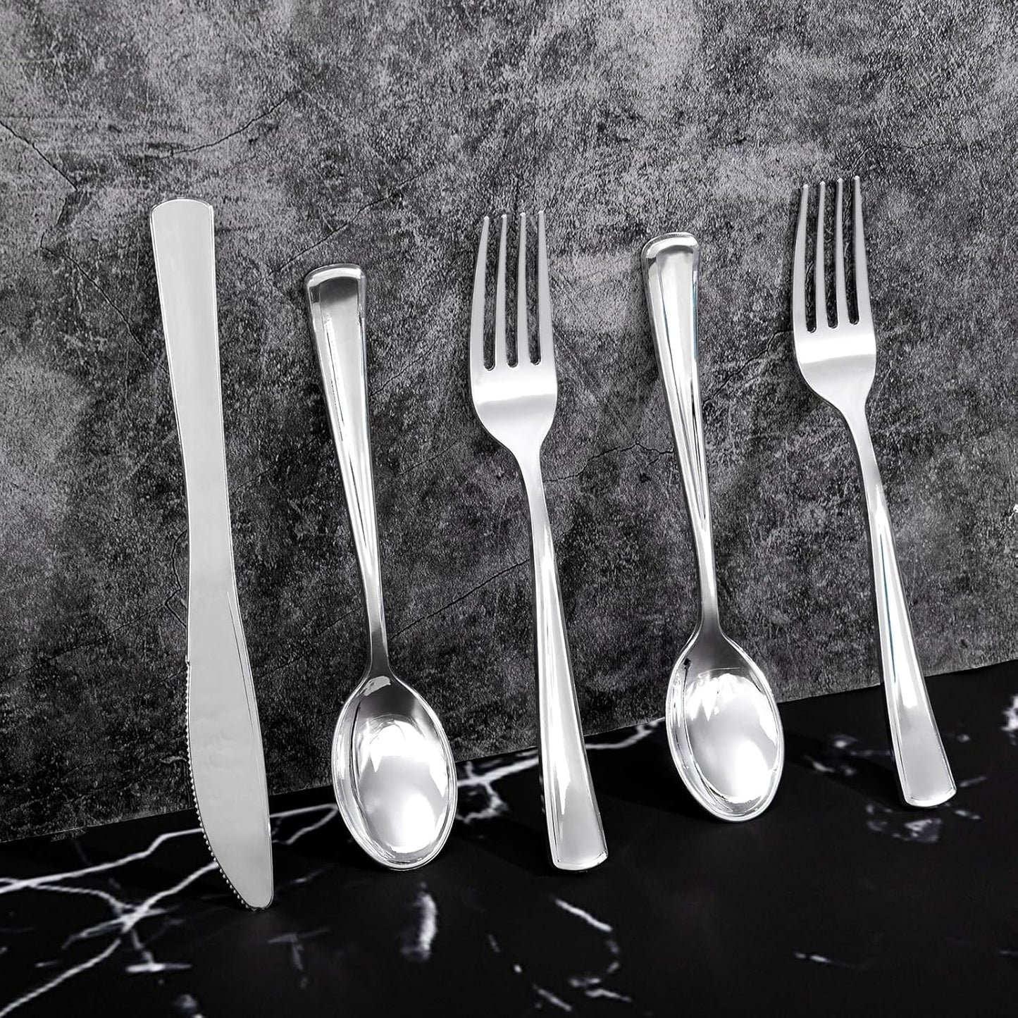 300Pieces Silver Plastic Silverware - Heavy Duty Disposable Utensils - Silver Plastic Cutlery Set Includes 100 Forks, 100 Spoons, 100 Knives for Dinner Parties Weddings