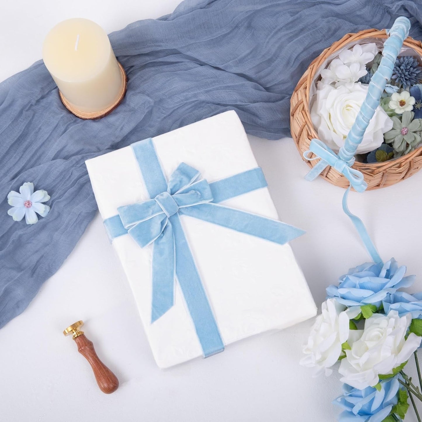 Vintage Sky Blue Velvet Ribbon Christmas Ribbon for Gift Wrapping Crafts Christmas Tree Ornaments Garland Decorations, 1 Inch X 25Yd