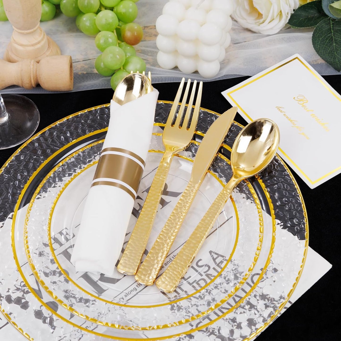 50Guests Pre Rolled Gold Plastic Silverware Sets - Heavy Duty Hammered Gold Cutlery Include 50 Pack Wrapped Disposable Utensils with Napkins for Parties, Dinners & Weddings