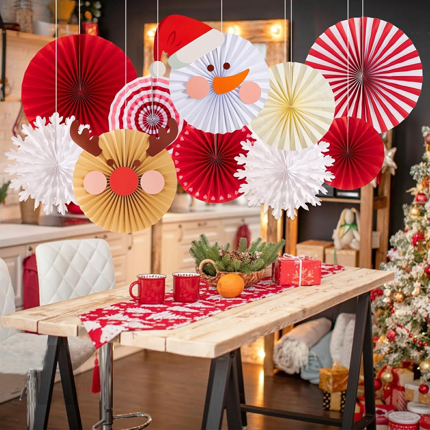 Christmas Hanging Paper Fans Decoration Red White Xmas Snowman Party Ceiling Hangings Deco Elk Tissue Paper Fans Decoration Set for Backdrops Wall Winter Party Supplies - 10pcs