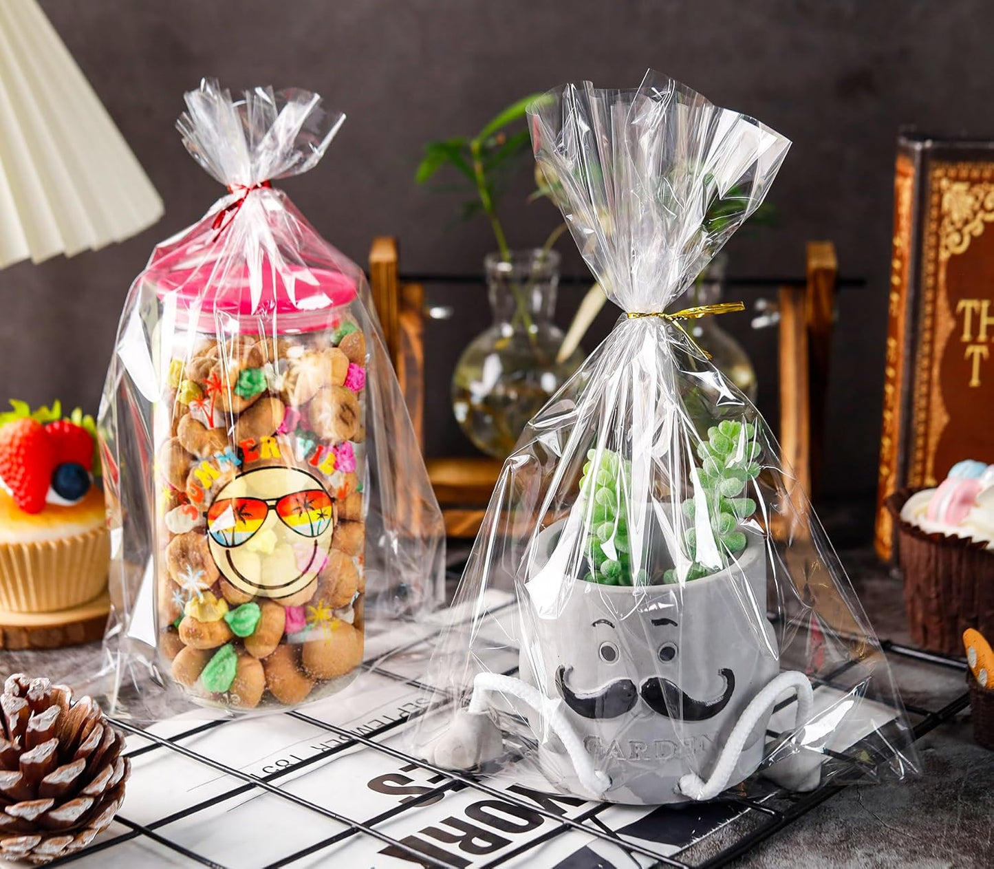 NPLUX 100 Pack Cellophane Bags Small Plastic Cookie Bag Clear Treat Bags with Twist Ties for Small Gift Party Favors, Bakery, Candy, Popcorn (8×11In)