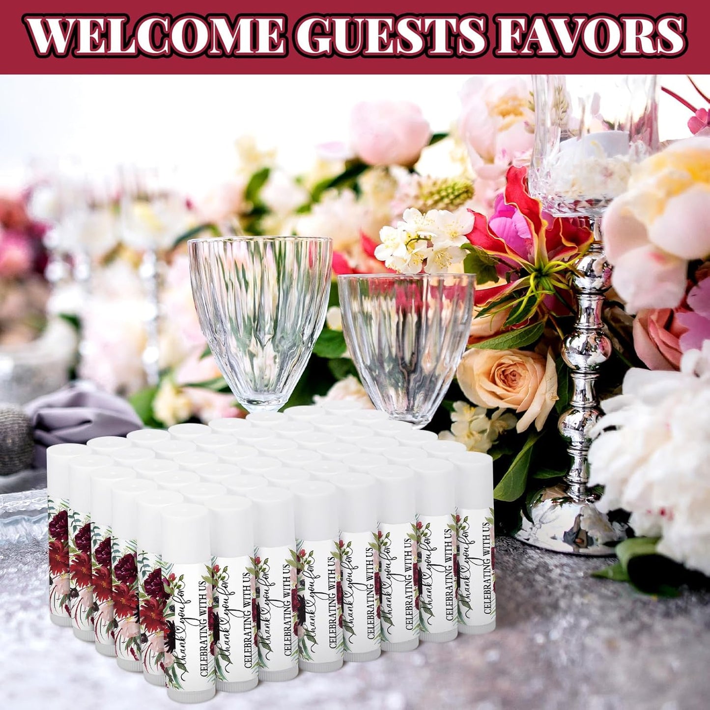 50 Pcs Wedding Bridal Shower Gifts Party Favors Bulk Floral Lip Balm Baby Shower Thank You Appreciation Gifts for Women Tea Bachelorette Party(Wedding Flower)