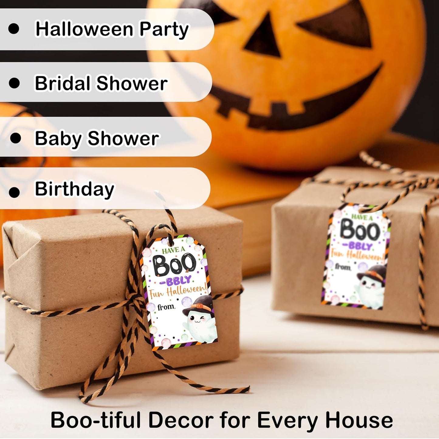 50 Pcs Halloween Tags with String, 2.1"×3.5" Ghost Paper Gifts Tags, Boo Trick or Treat for Candy, Halloween Gifts Tag Wrap for Party Favor - B07