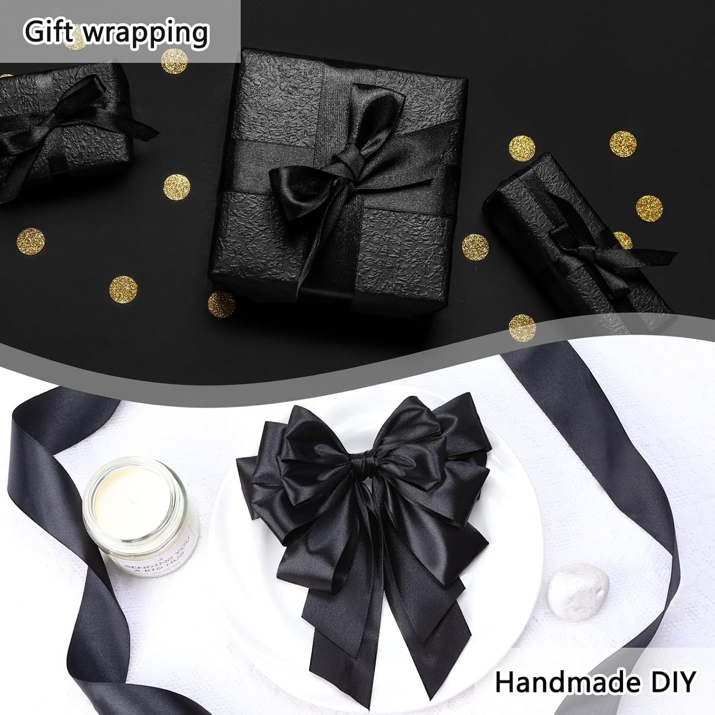 NESCCI 100 Yards Ribbon,1-1/2 Inch Black Satin Ribbon,Single Face Satin Ribbons,Perfect for Gift Wrapping,Wedding Decoration,Handmade Bows,Wrapping Bouquet,Halloween, Christmas