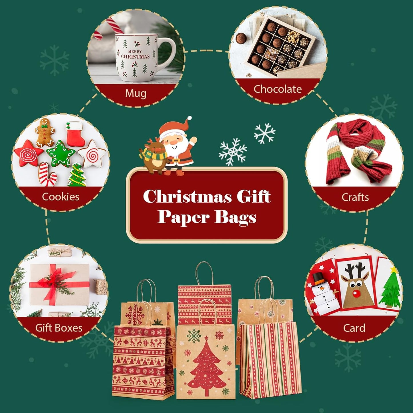 MESHA Christmas Gift bags 24Pcs 8.6x7x3.3'' Kraft Paper Bags with Handles Bulk for Gifts Holiday Xmas Goodie, Party Favors, Candy, Treat