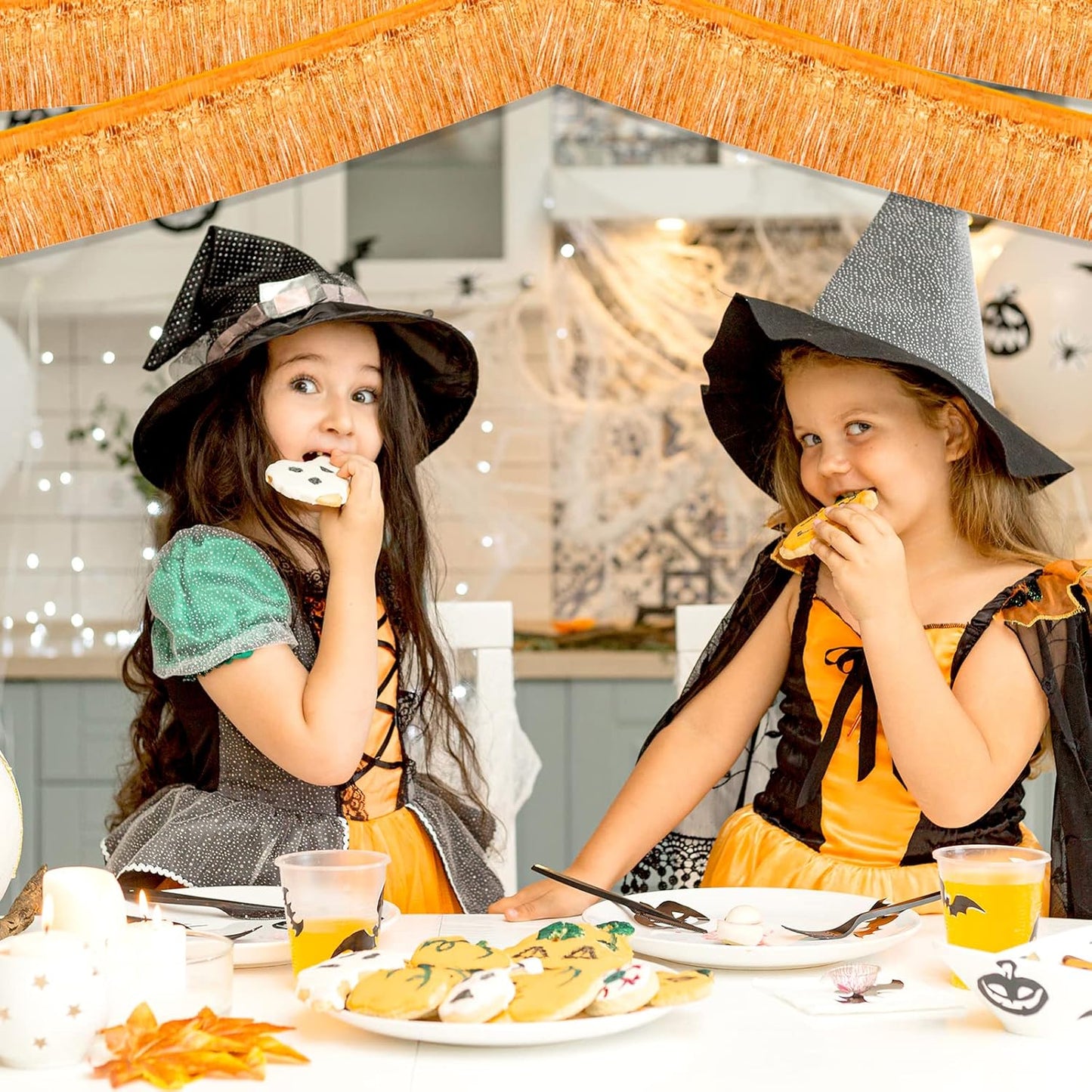 10 Pack 10 Feet Foil Fringe Garland Metallic Tinsel Streamers Banner Wall Hanging Curtain Backdrop for Parade Floats, Bachelorette, Wedding, Birthday, Halloween, Christmas Party Decorations(Orange)