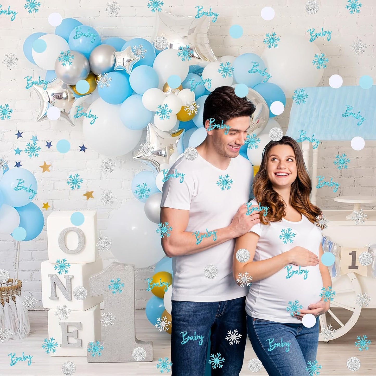 MARFOREVER Winter Shower Table Confetti, 200 Pcs Glitter Blue Silver Snowflake Table Decorations Winter Gender Reveal Party Confetti Sprinkle for Winter Birthday Party Baby Shower Decorations(Blue)