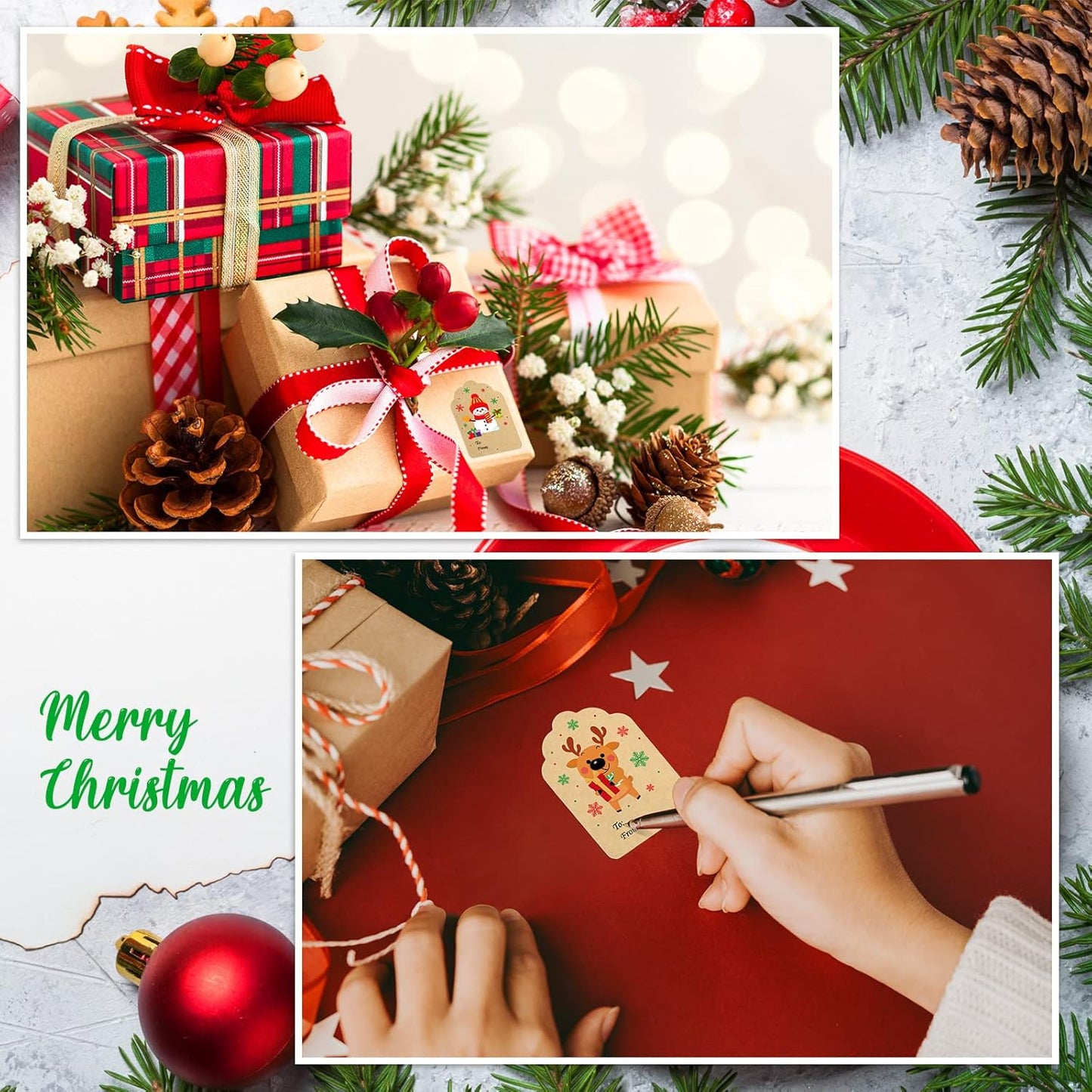 Zonon 720 Pieces Self Adhesive Christmas Gift Tag Xmas Kraft Name Tags Natural Kraft Xmas Stickers Paper Tags Labels for Christmas Decoration(Stylish Style)