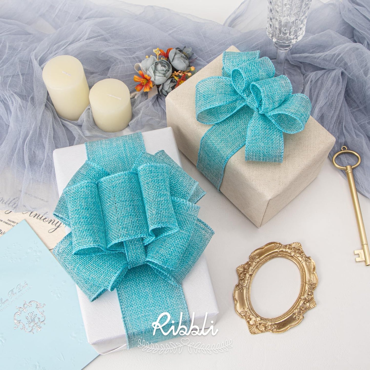 Ribbli Light Blue/Ocean Blue Burlap Wired Ribbon,1-1/2” Inch x Continuous 10 Yard, Wired Edge Ribbon for Big Bow,Wreath,Tree Decoration,Outdoor Decoration