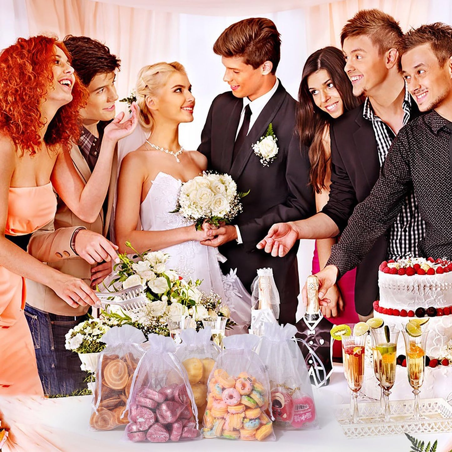 Hopttreely White Sheer Organza Bags, 4x6 inch 50PCS Mesh Bags Drawstring Gift Bags Jewelry Pouches for Candy Wedding Favors, Jewelry, Festival, Makeup