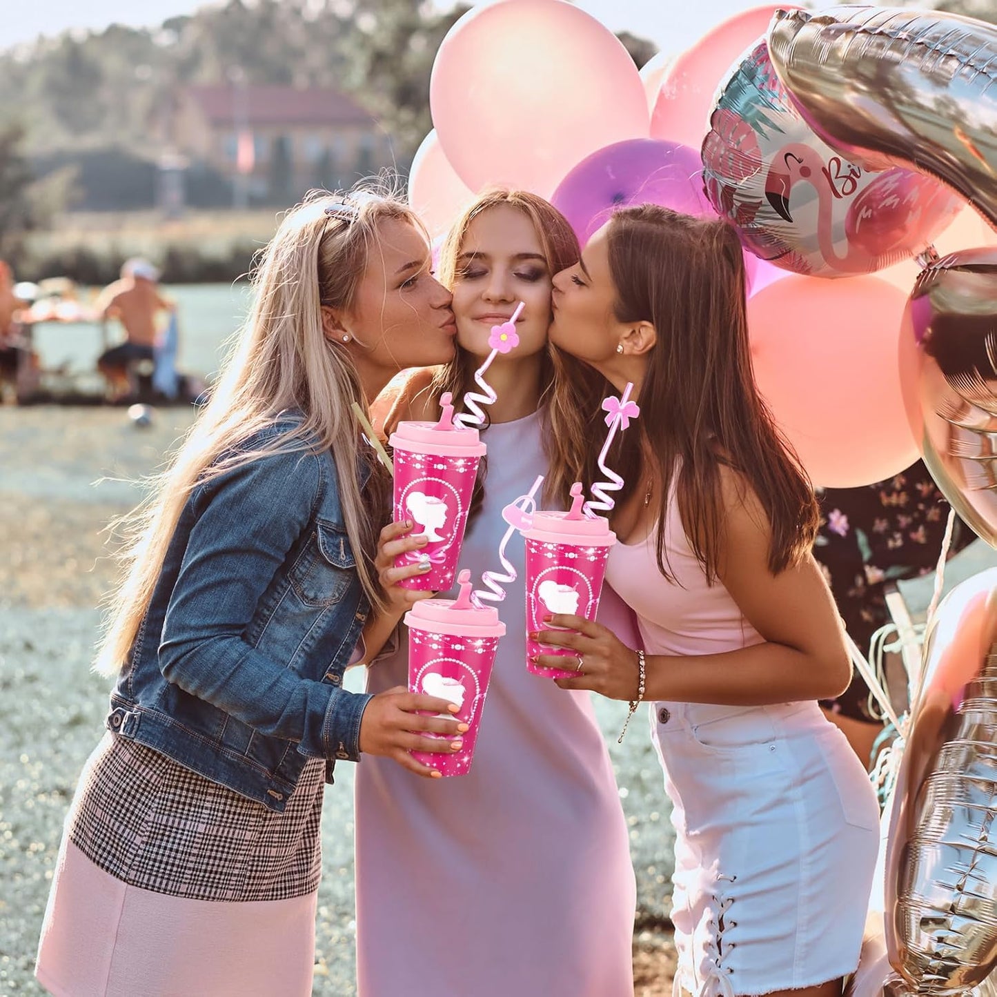 Yungyan 24 Sets Hot Pink Girl Party Favors Goodie Cups with Lids and Straws for Birthday Decorations Reusable 16oz Plastic Candy Cups Plastic Straws for Birthday Party (Pink Princess)