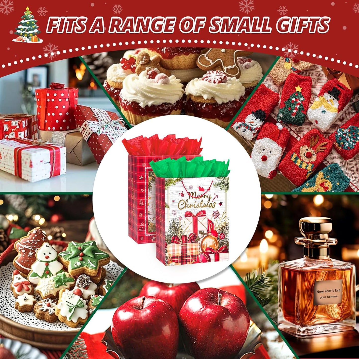 LYLIN 4Pcs 16" Large Christmas Gift Bags with 8 Tissue Papers, Reusable Christmas Tote Bags with Handles, Bulk Xmas Treat Bags for Wrapping Gifts, Party Favors and Holiday Decor