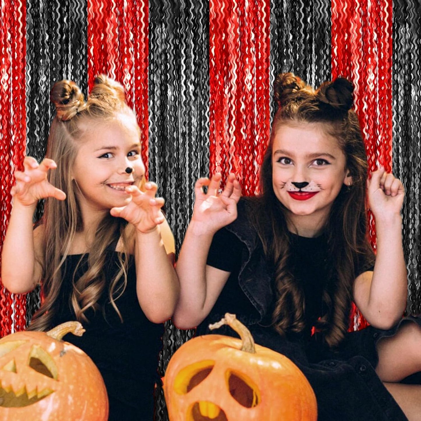 4 Pack Black Red Wave Foil Fringe Curtain Backdrop, 3.28Ft x 8.2Ft Metallic Tinsel Foil Fringe Streamer Curtains for Photo Booth, Mother's Day, Easter, Birthday, Wedding Party Decoration