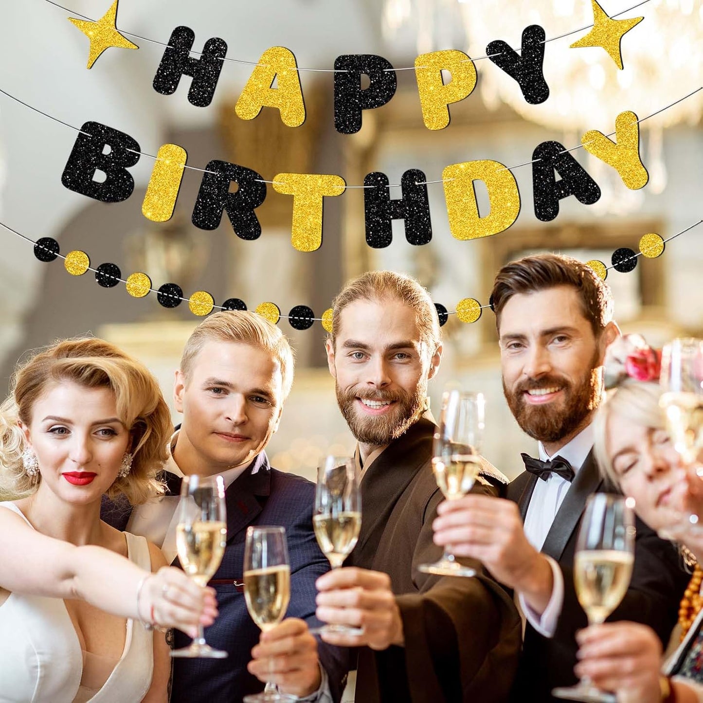 Black and Gold Happy Birthday Banner-Happy Birthday Decorations for Men Women Boys Girls Glitter Garland Birthday Sign for 30st 40st 50th 60st Party Decor, Backdrop Supplies