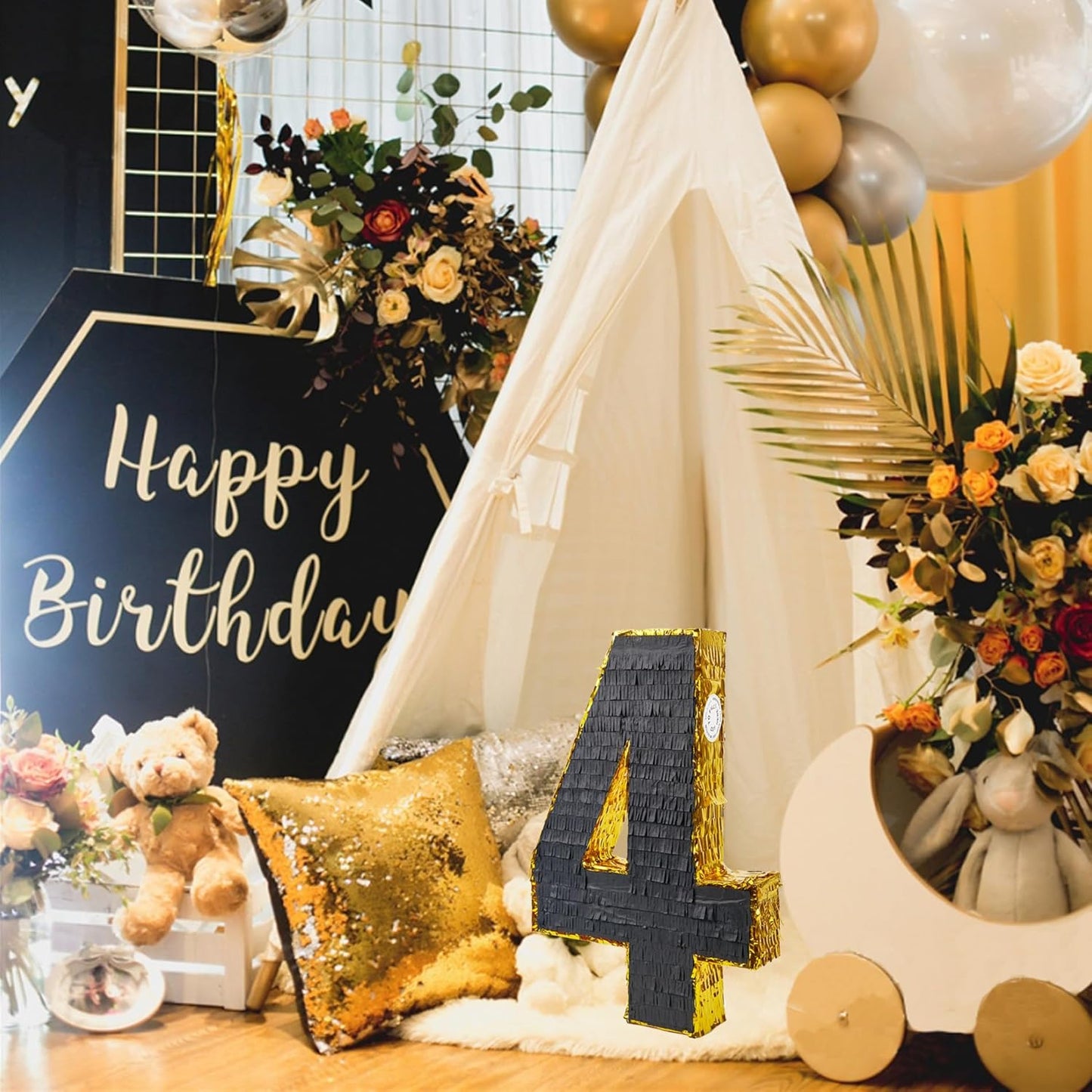 PCFING 20 Inch Number 4 Piñata Gold Black with 30 Inch Piñata Stick Blindfold Confetti for Man Women Boys Girls Birthday Party Decorations, Anniversary Celebration, Fiesta