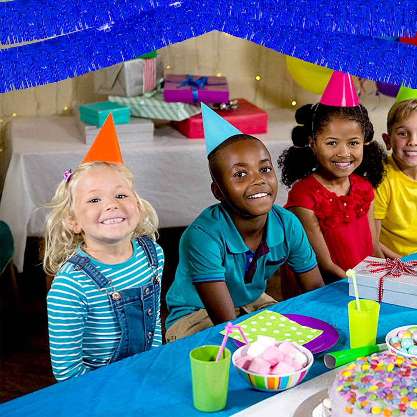 6 Pack 10 Feet Foil Fringe Garland Metallic Tinsel Streamers Banner Wall Hanging Curtain Backdrop Banner for Parade Floats, Thanksgiving, Christmas, Birthday, Halloween Party Decorations(Blue)