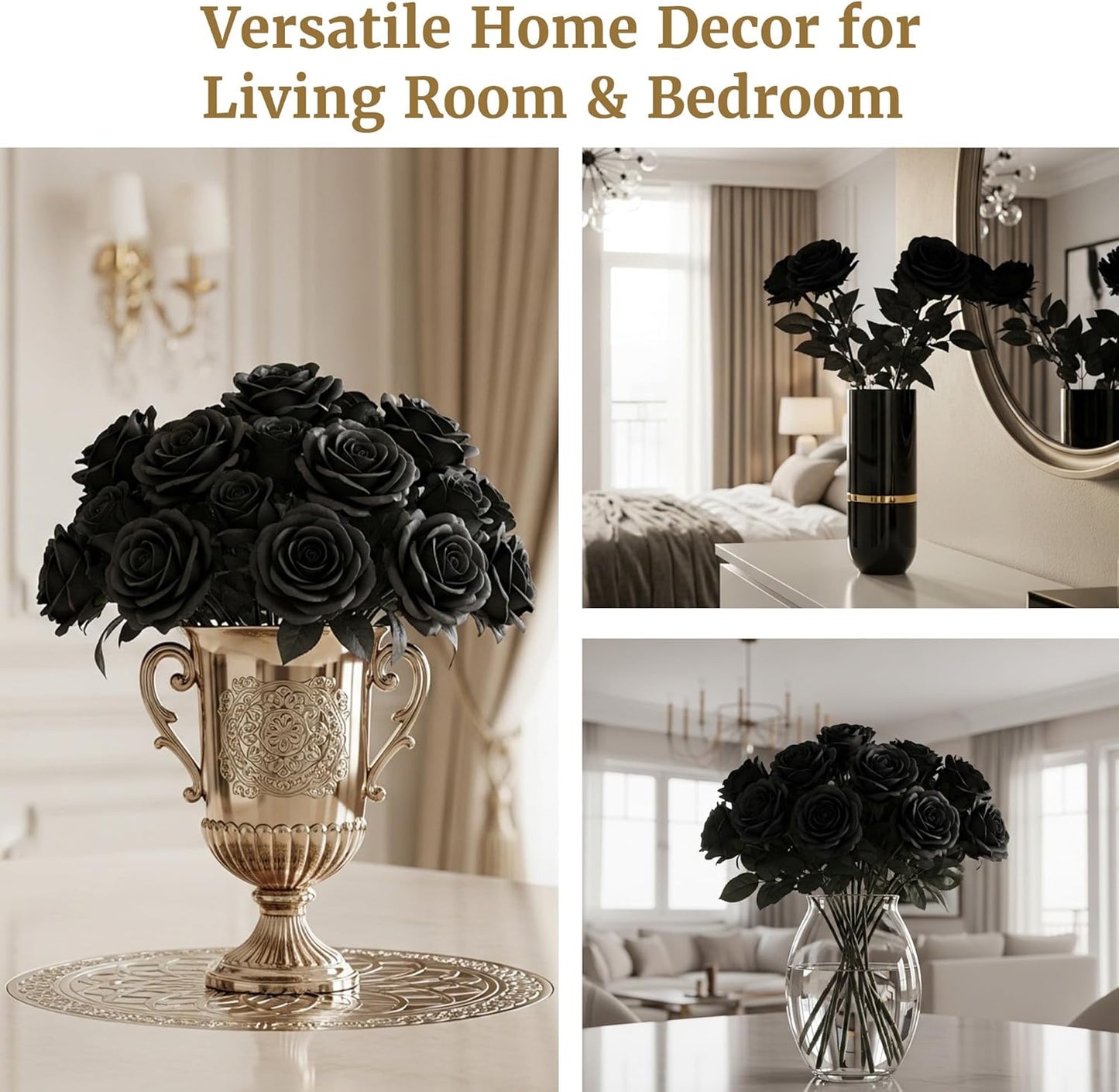 Auihiay 60PCS Black Fake Roses, Velvet Silk Artificial Roses, Realistic Roses Flowers for Photo Shoots, Wedding Centerpieces, Bridal Bouquets, Anniversary, Valentine's Day, Halloween Decorations