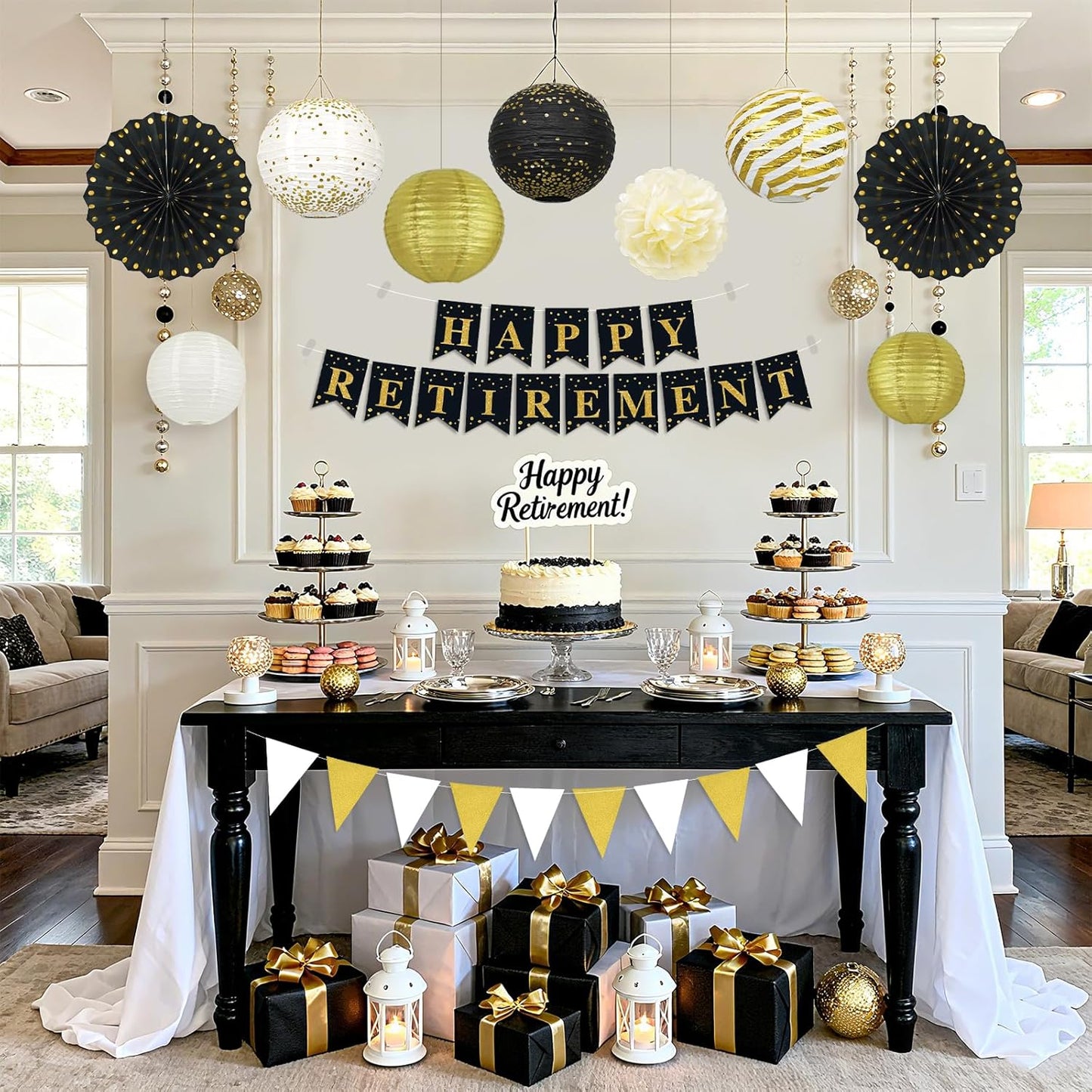 14Pcs Black and Gold Party Decorations, Hanging Paper Lanterns Fans Tissue Flower Pom Poms for Men Birthday Graduation Retirement New Years Decorations New Years Eve Party Supplies 2026