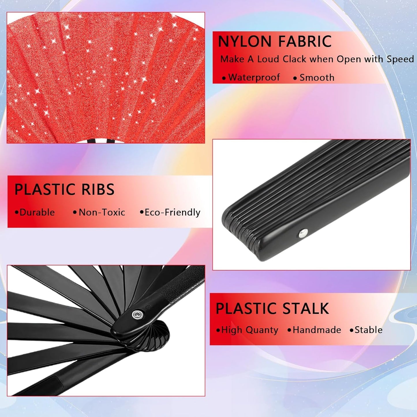 Glitter bling Large Folding Fan-Hand Fan Rave Clack Popping Fan for Line Dancing Clacking Fans for Boots On The Ground Dance, Party for EDM, Music Festival, Hot Flashes, Party, Decoration(2pcs red)