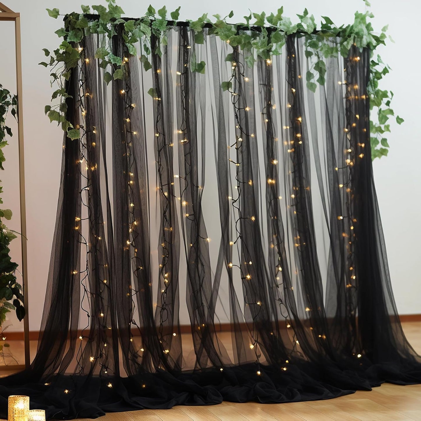 10×10ft Black Tulle Backdrop Curtain with Lights String for Parites, Sheer Photo Backdrop Curtains for Wedding Party Photography Background
