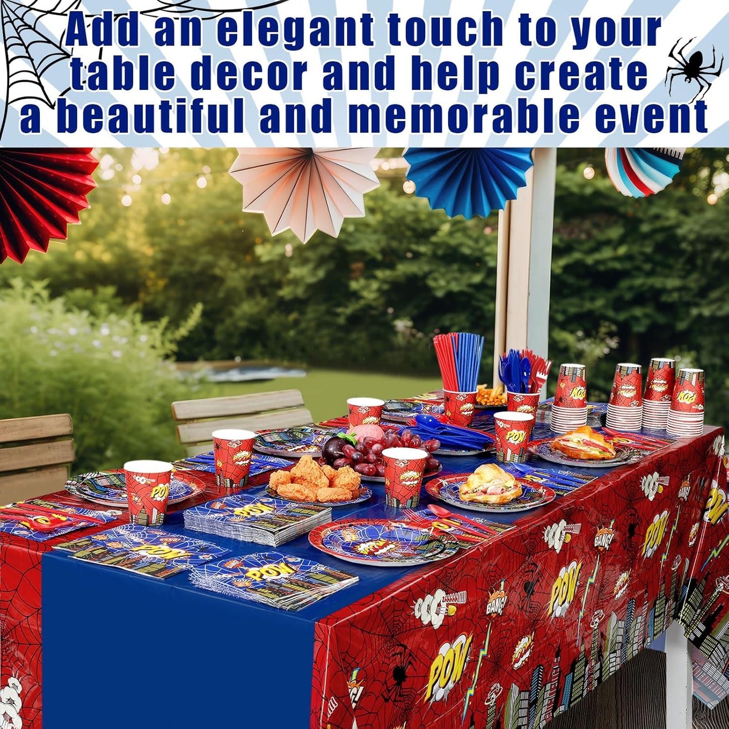 452 Pcs Spider Themed Birthday Party Supplies for 50 Guests, Hero Theme Paper Plates Napkins Cups Tablecloth Cutlery Straws Tableware for Red Blue Halloween Birthday Party Decorations