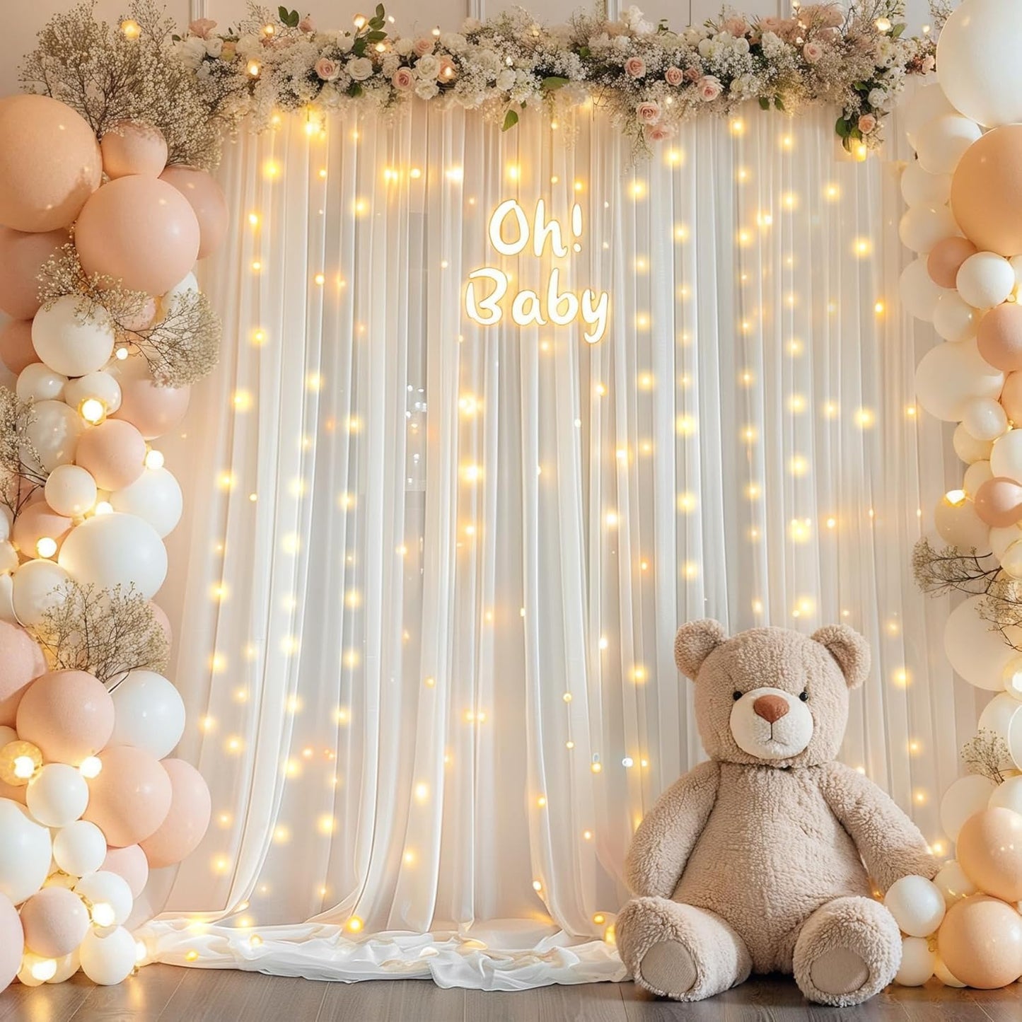 10ft x 7ft Cream White Chiffon Backdrop Curtain with Lights String for Parites Wedding Wrinkle Free Curtain Photo Backdrops Drapes for Baby Shower Birthday Party Home Decorations