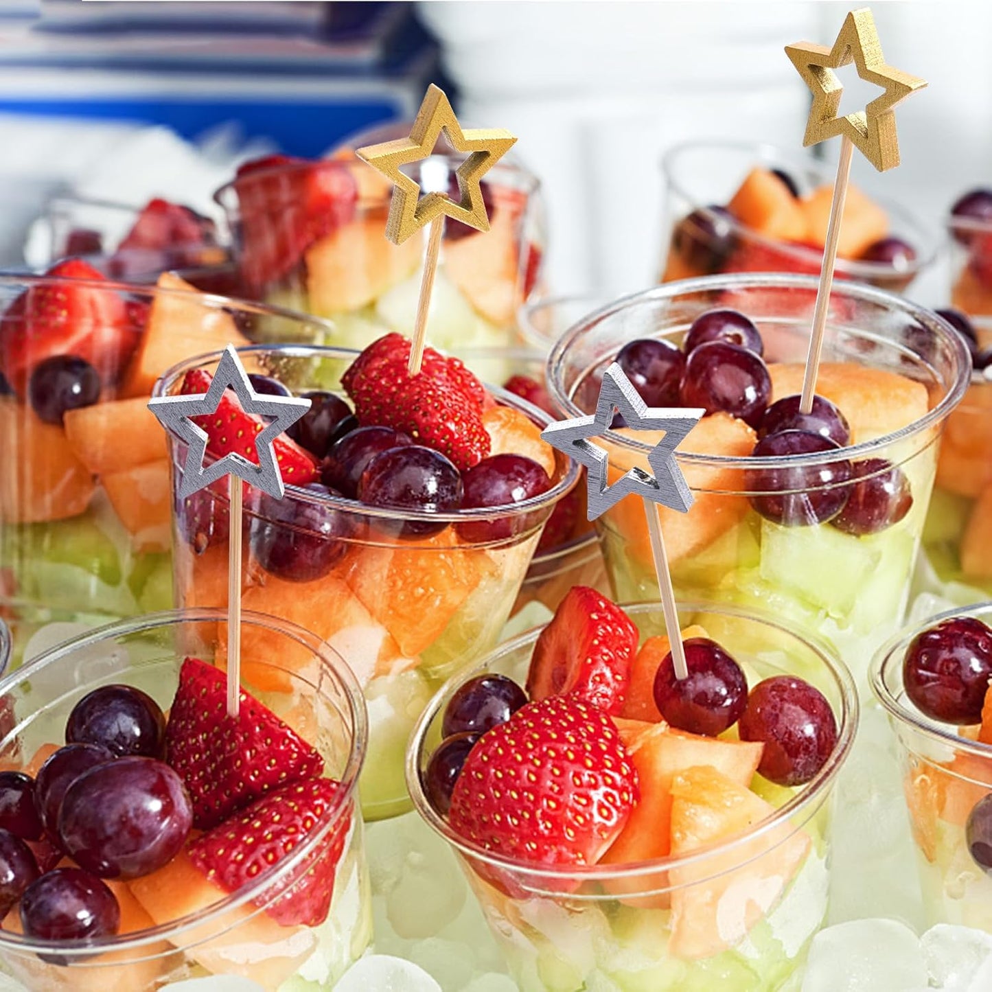 Minisland Matt Silver Star Cocktail Picks, 5.5 Inch Long Bamboo Fancy Toothpicks for Appetizers, Decorative Christmas New Year Holiday Party Food Drinks Garnish Fruit Skewer Sticks 50 Counts - MSL431