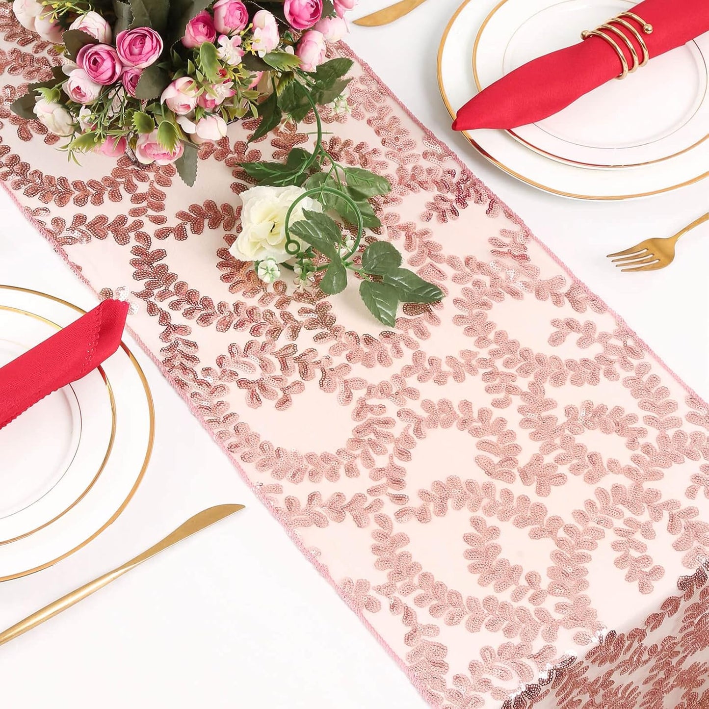Sequin Table Runners 2 Pieces Rose Gold Flower Table Runners 12x72 Inch Glitter Dining Table Cover for Party Wedding Birthday Reception Banquet Decoration Spring Party Chair Sashes